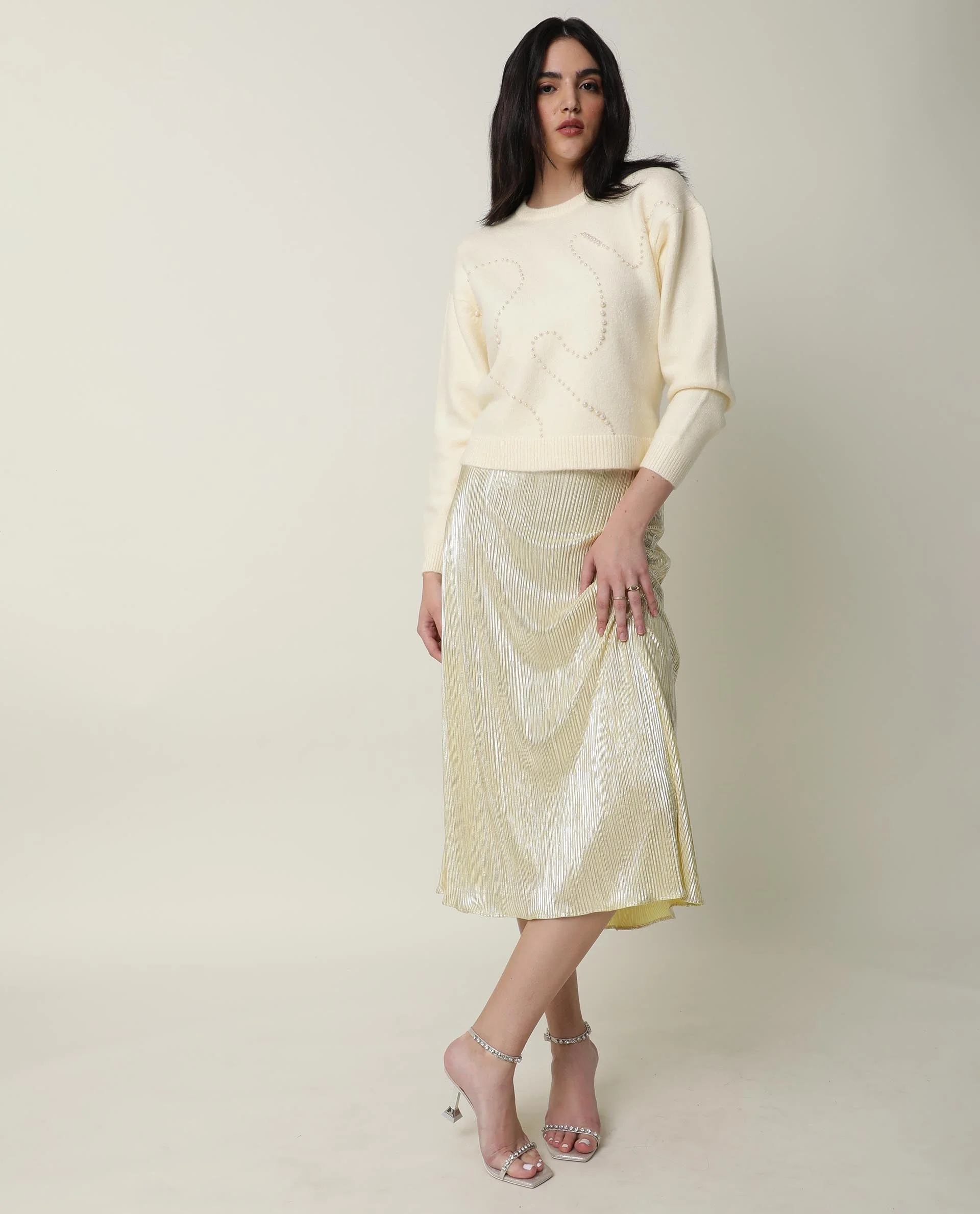 Rareism Women's Tulsy Offwhite Acrylic Crew Neck Embellished Knee Length Regular Fit Sweater - Image 8