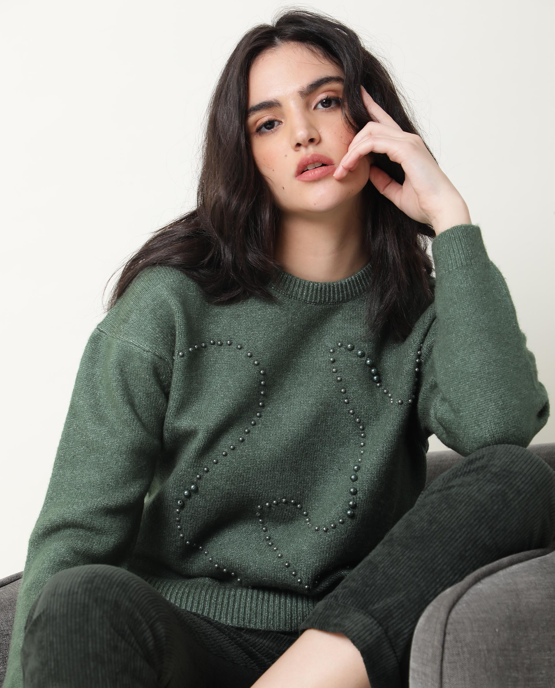 Rareism Women's Tulsy Olive Acrylic Crew Neck Embellished Knee Length Regular Fit Sweater