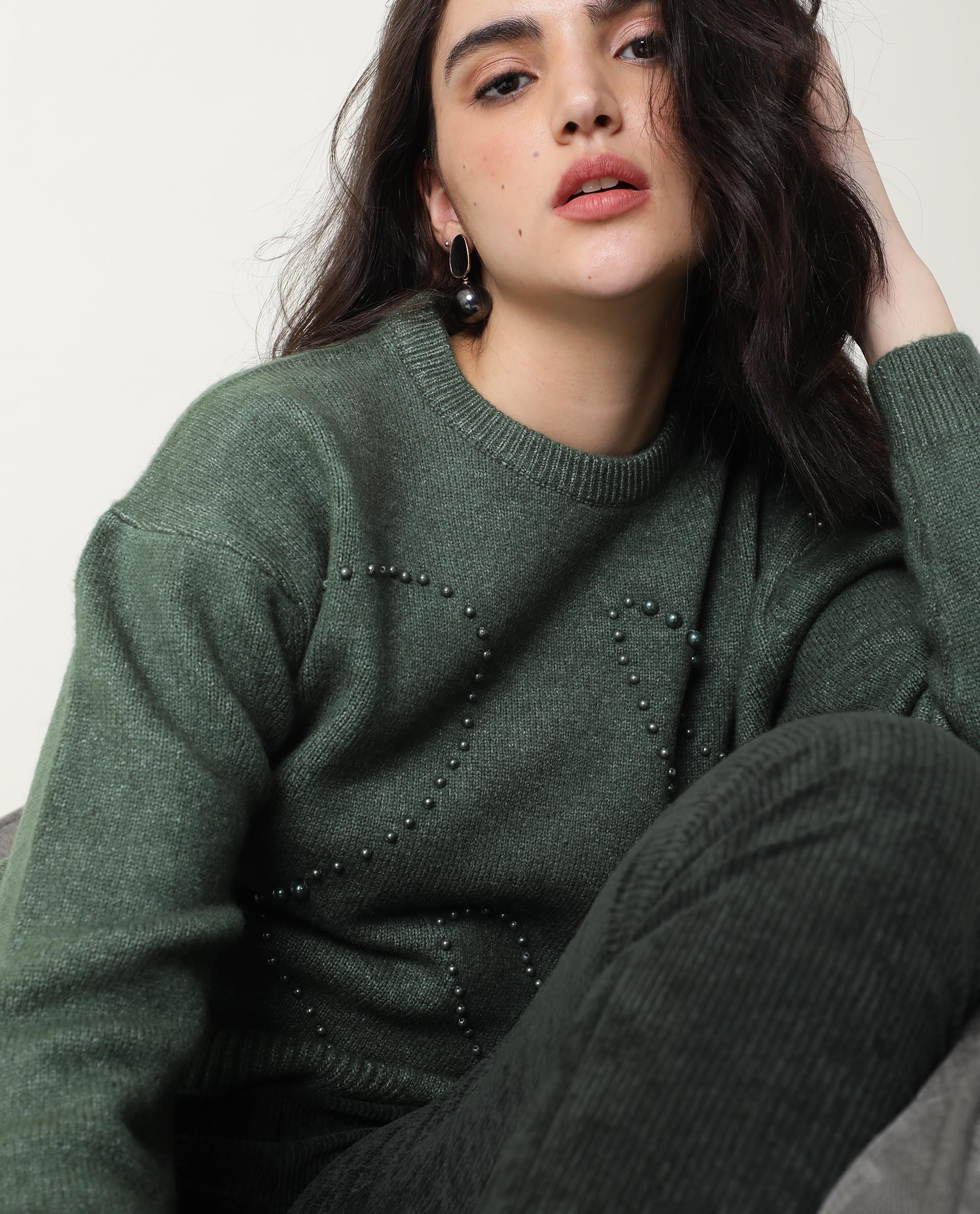 Rareism Women's Tulsy Olive Acrylic Crew Neck Embellished Knee Length Regular Fit Sweater - Image 10