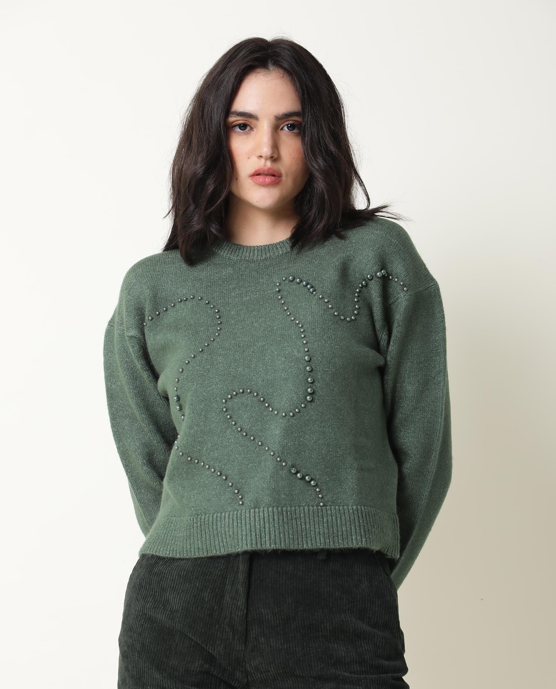 Rareism Women's Tulsy Olive Acrylic Crew Neck Embellished Knee Length Regular Fit Sweater - Image 2