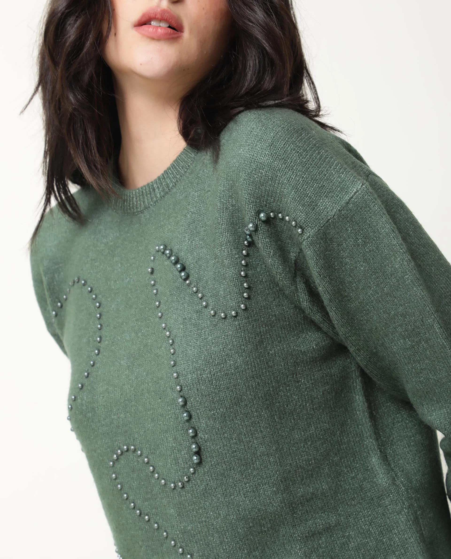 Rareism Women's Tulsy Olive Acrylic Crew Neck Embellished Knee Length Regular Fit Sweater - Image 3