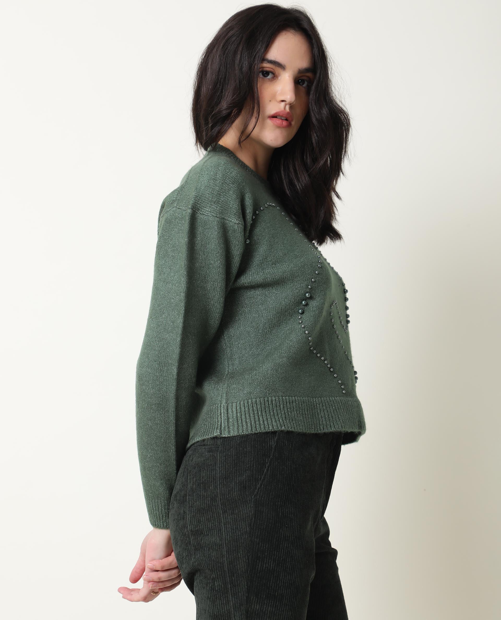 Rareism Women's Tulsy Olive Acrylic Crew Neck Embellished Knee Length Regular Fit Sweater - Image 4