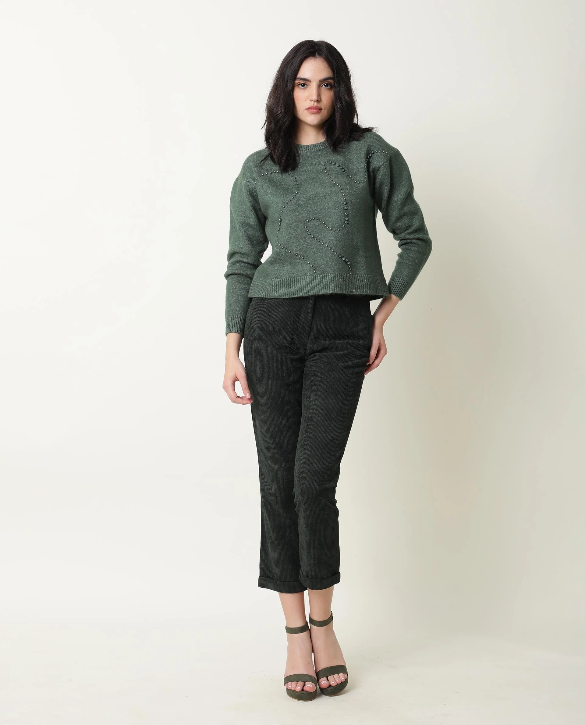 Rareism Women's Tulsy Olive Acrylic Crew Neck Embellished Knee Length Regular Fit Sweater - Image 5