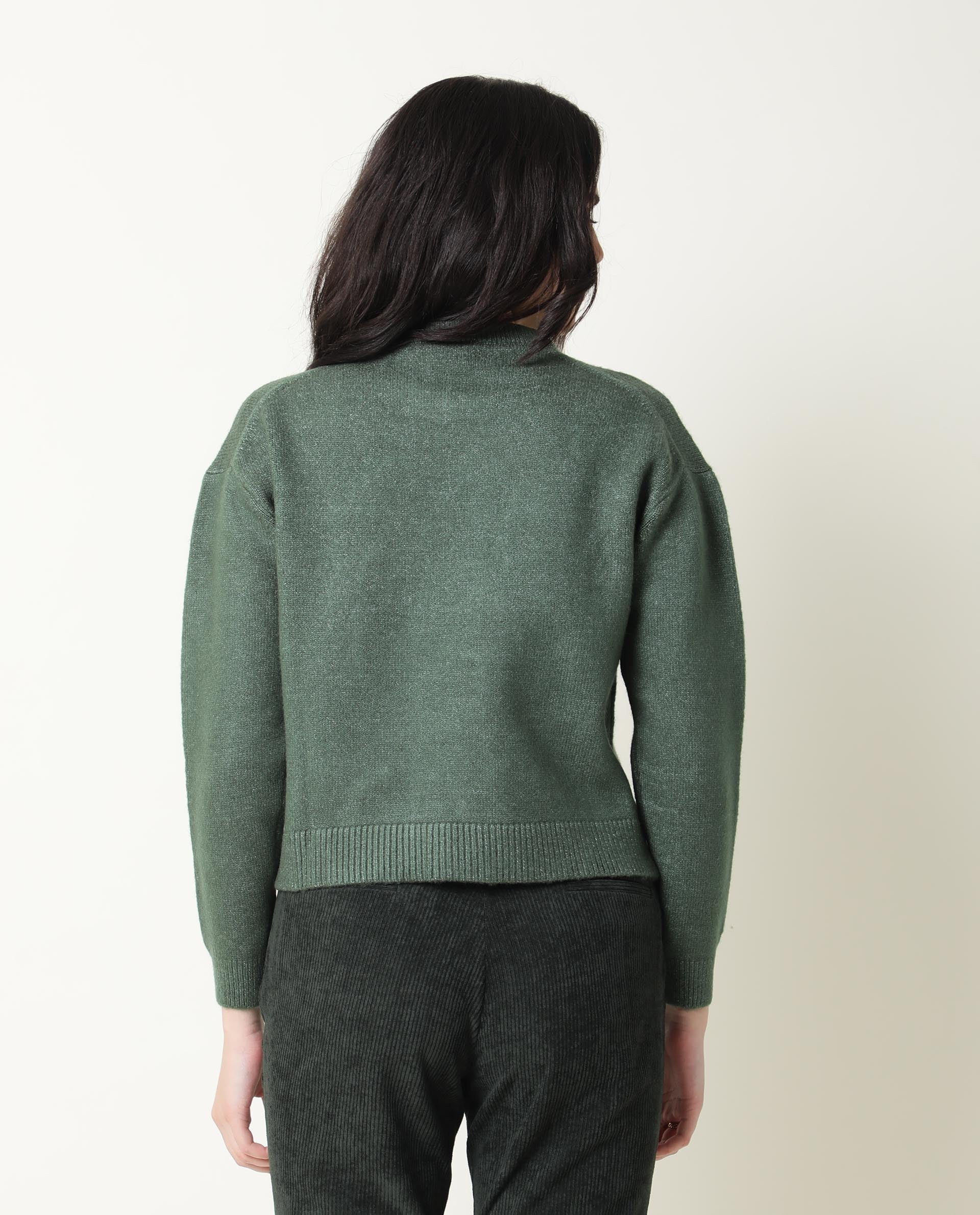 Rareism Women's Tulsy Olive Acrylic Crew Neck Embellished Knee Length Regular Fit Sweater - Image 6
