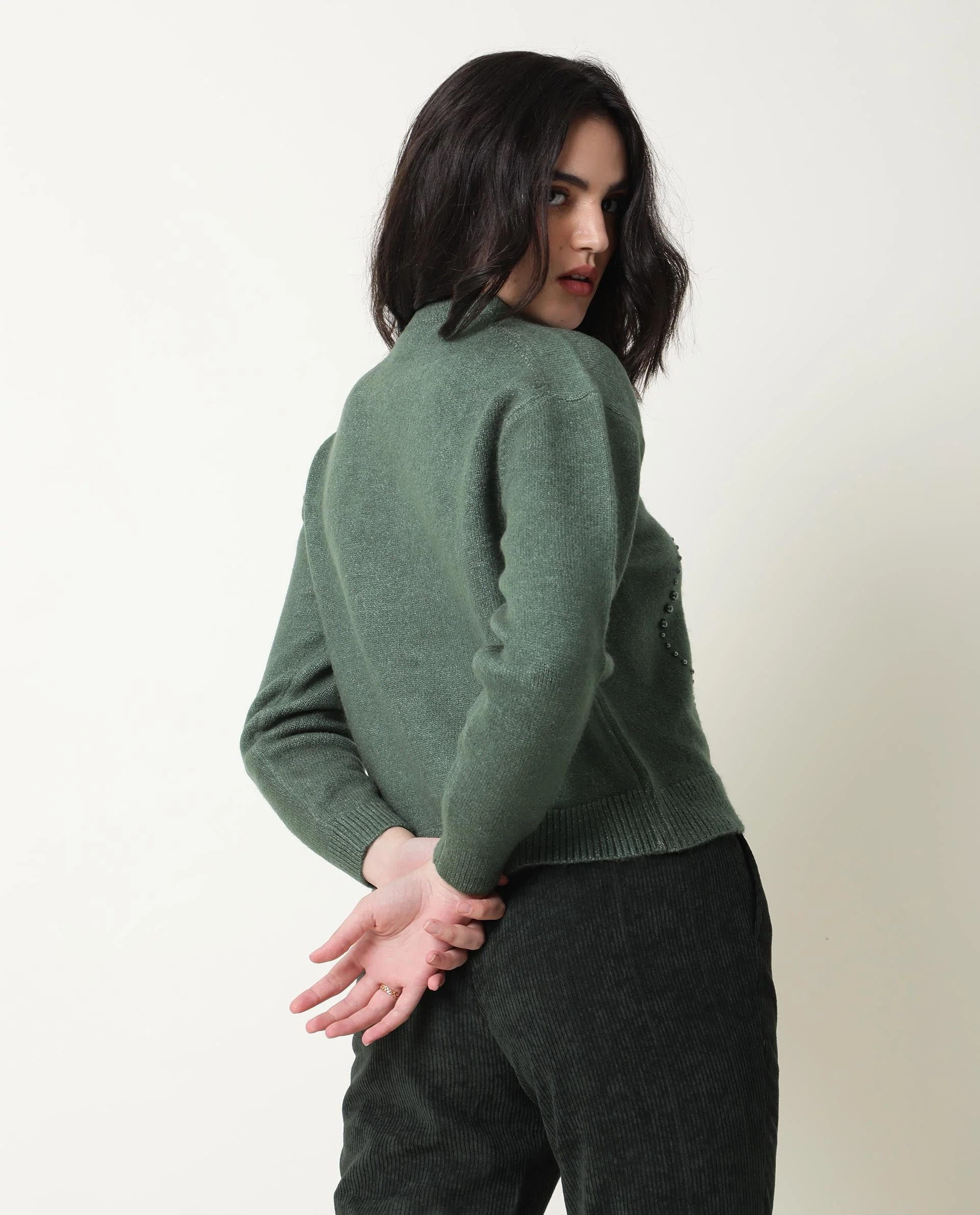 Rareism Women's Tulsy Olive Acrylic Crew Neck Embellished Knee Length Regular Fit Sweater - Image 7