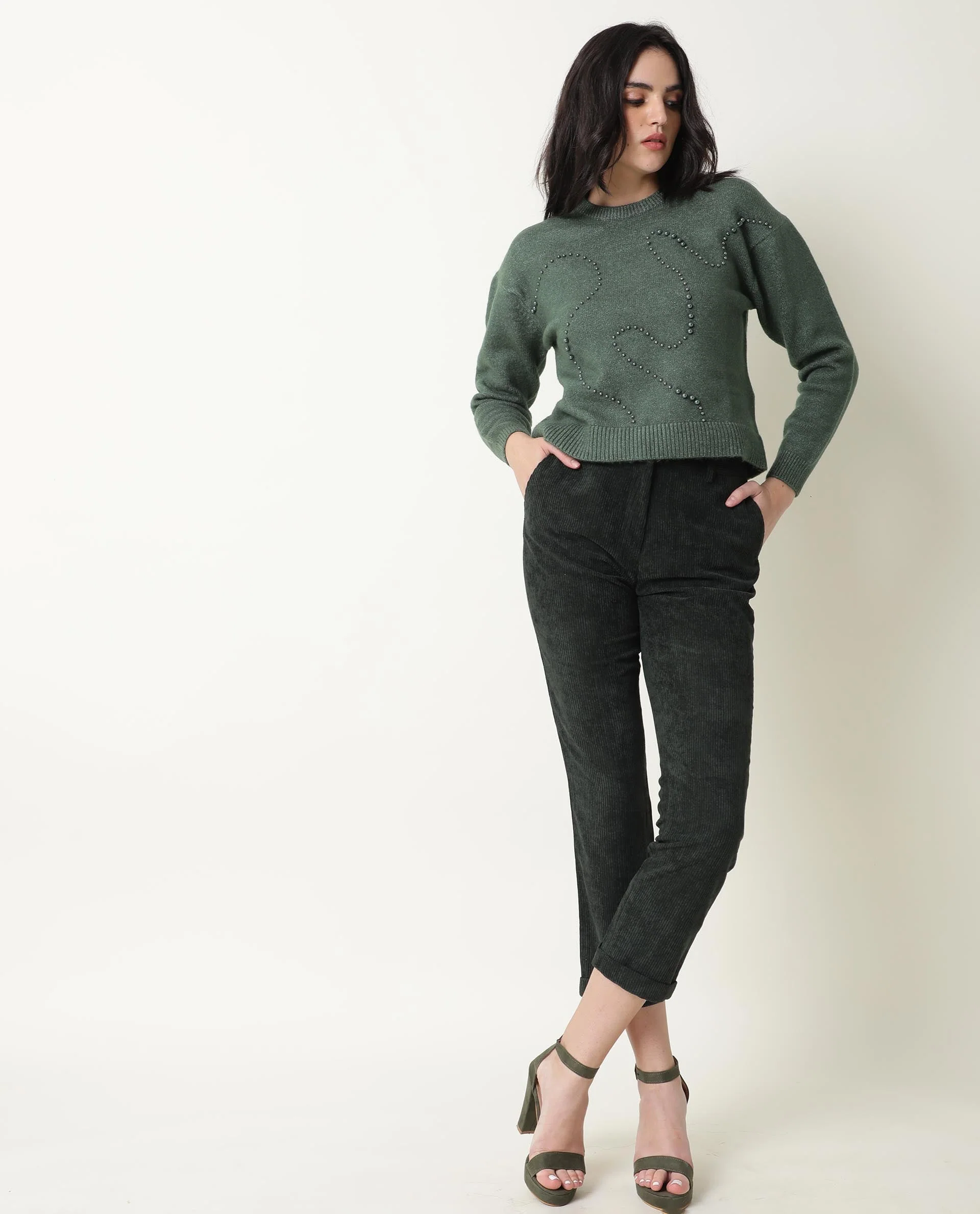 Rareism Women's Tulsy Olive Acrylic Crew Neck Embellished Knee Length Regular Fit Sweater - Image 8