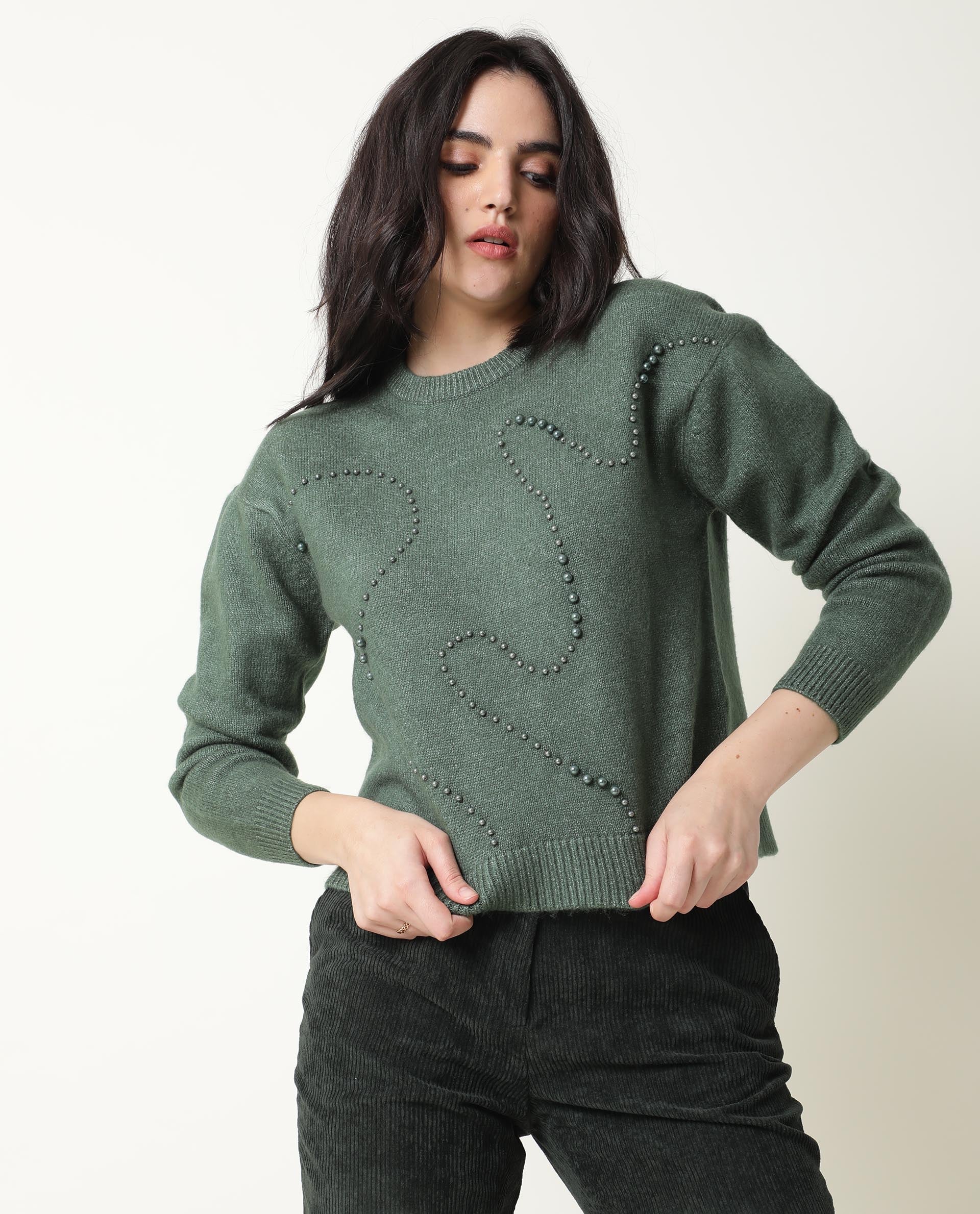 Rareism Women's Tulsy Olive Acrylic Crew Neck Embellished Knee Length Regular Fit Sweater - Image 9