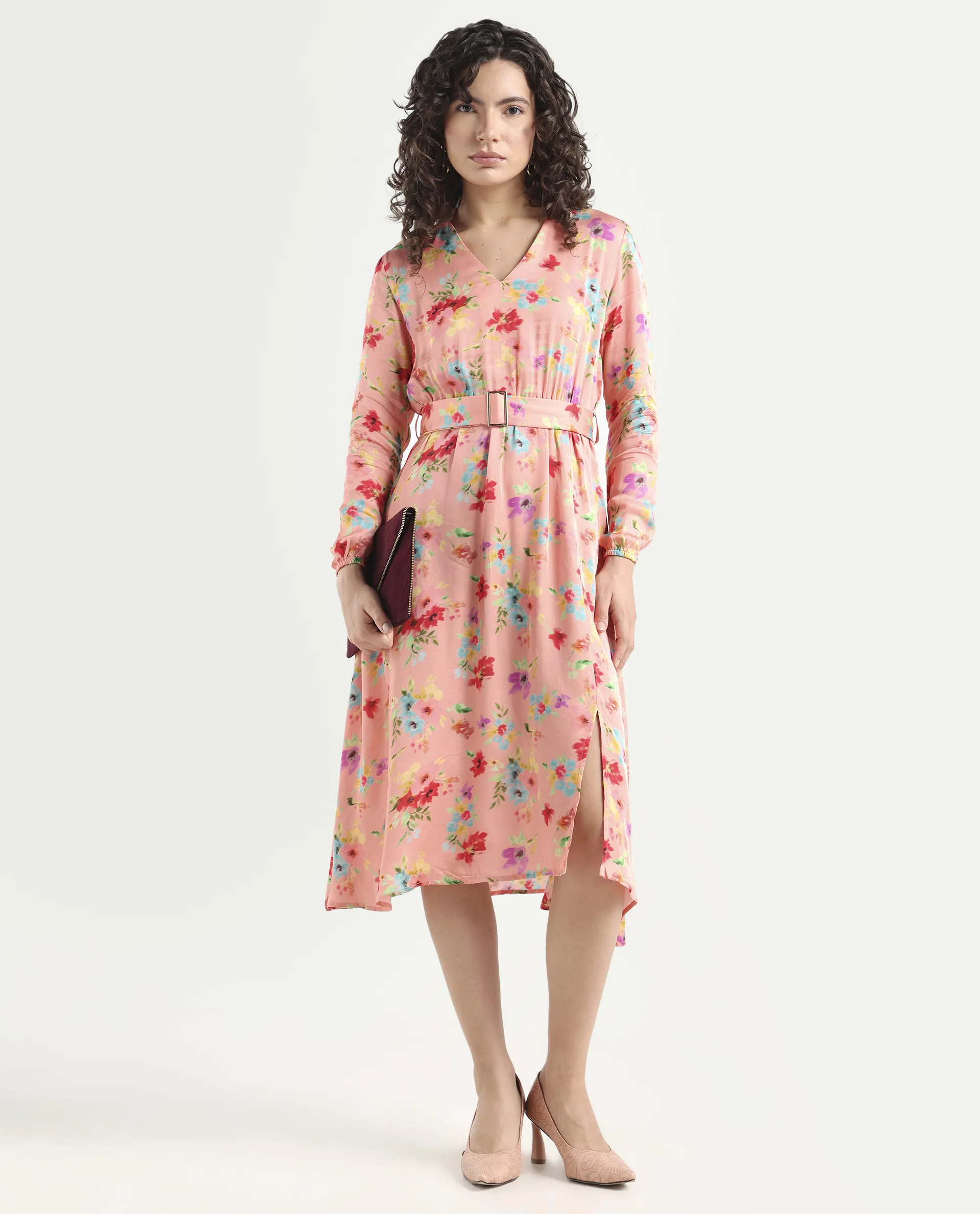 Rareism Women's Tuna Peach Viscose Blend V-Neck Floral Print Knee Length Regular Fit Dress - Image 2