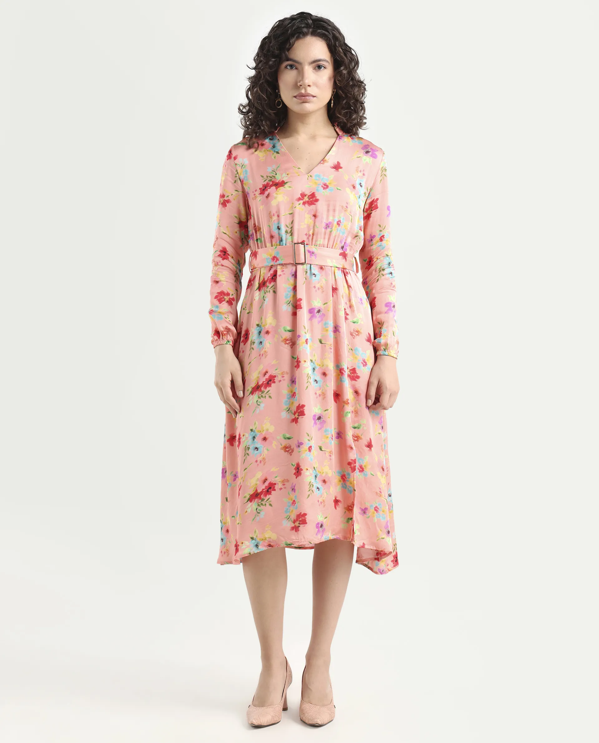 Rareism Women's Tuna Peach Viscose Blend V-Neck Floral Print Knee Length Regular Fit Dress - Image 3