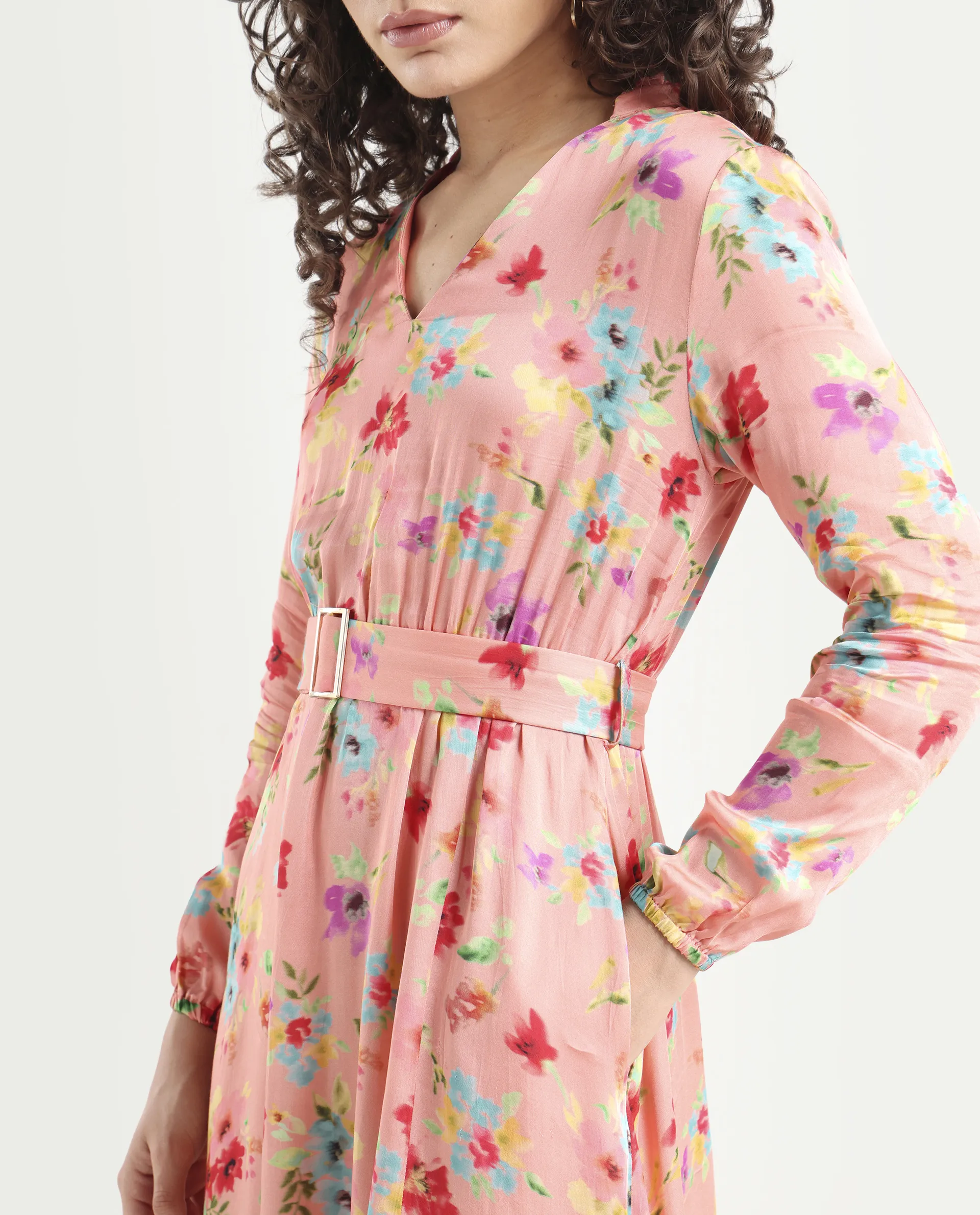 Rareism Women's Tuna Peach Viscose Blend V-Neck Floral Print Knee Length Regular Fit Dress - Image 4