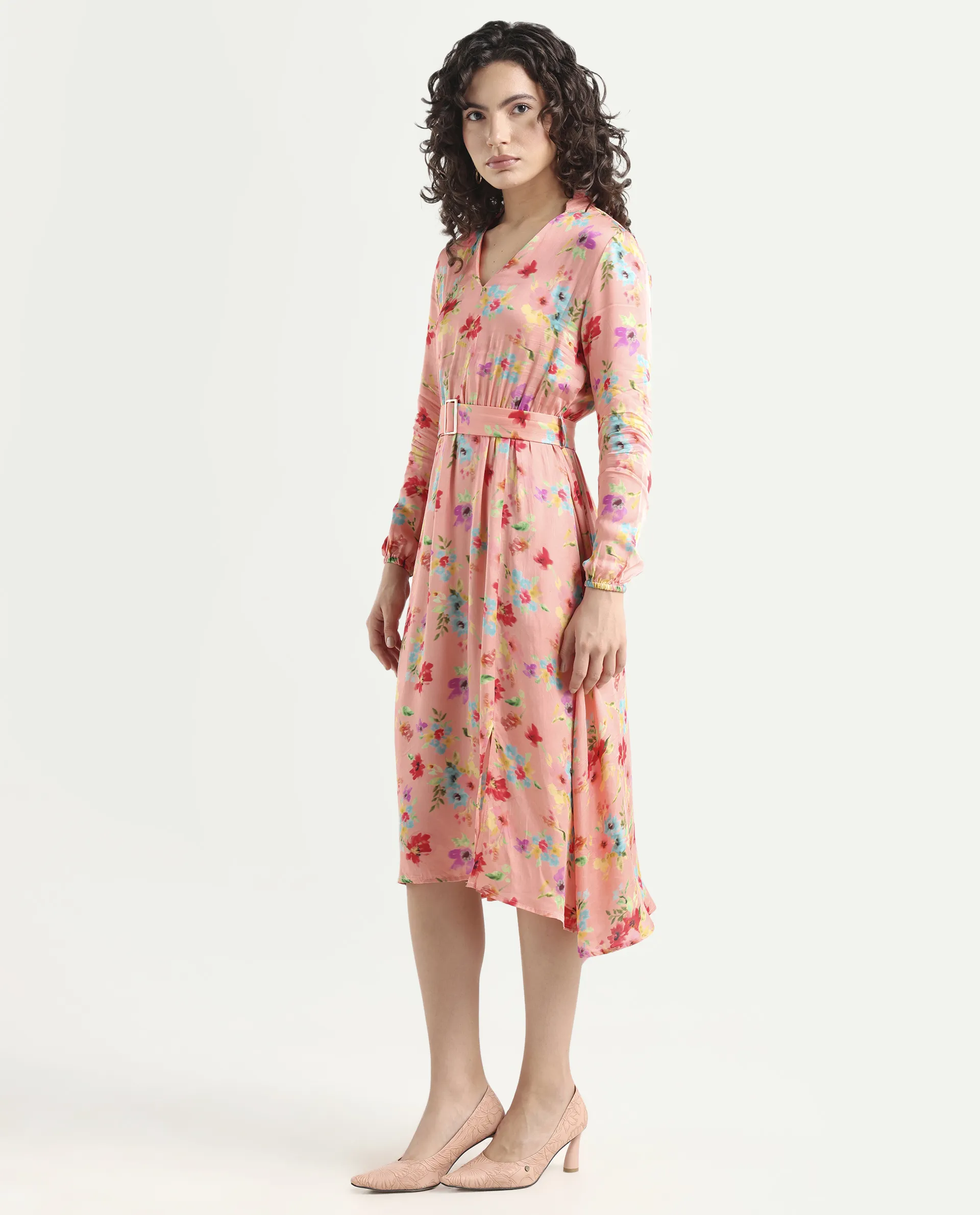 Rareism Women's Tuna Peach Viscose Blend V-Neck Floral Print Knee Length Regular Fit Dress - Image 5
