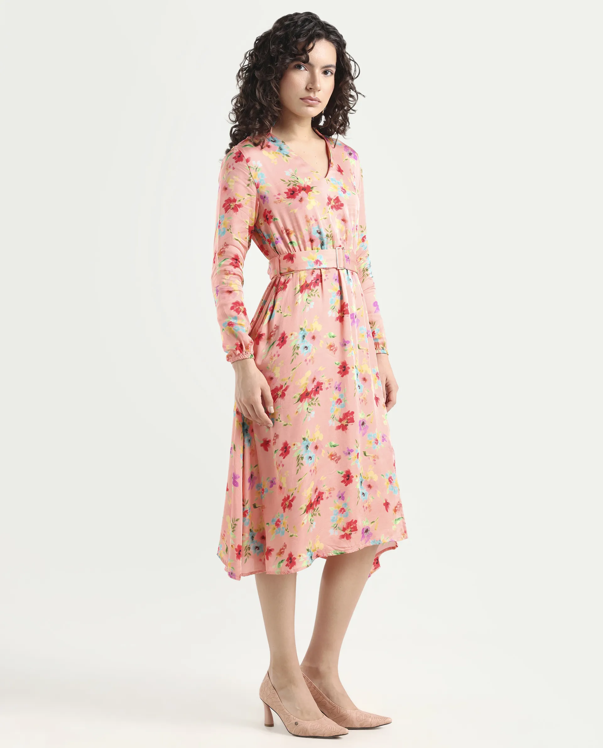 Rareism Women's Tuna Peach Viscose Blend V-Neck Floral Print Knee Length Regular Fit Dress - Image 6