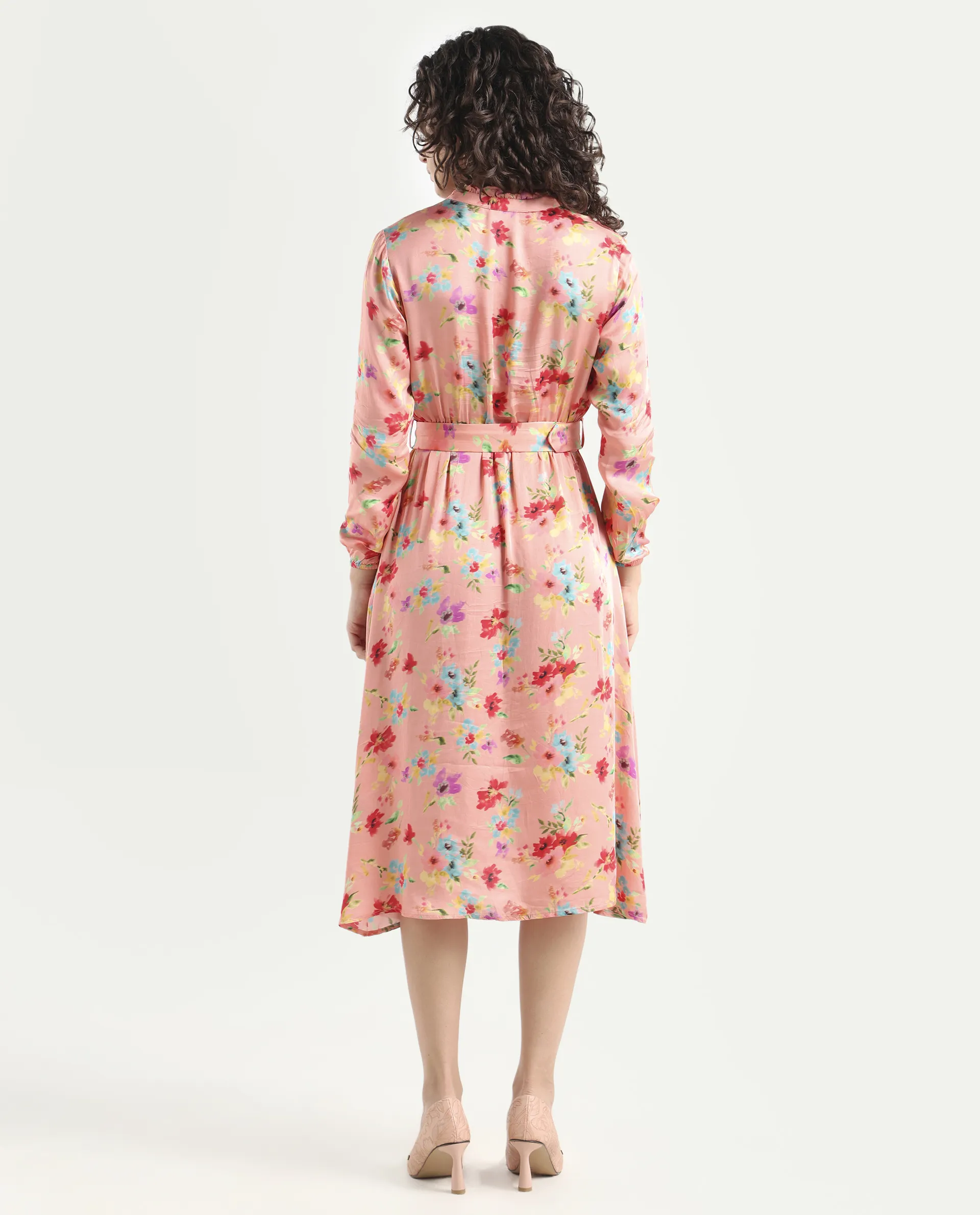Rareism Women's Tuna Peach Viscose Blend V-Neck Floral Print Knee Length Regular Fit Dress - Image 7