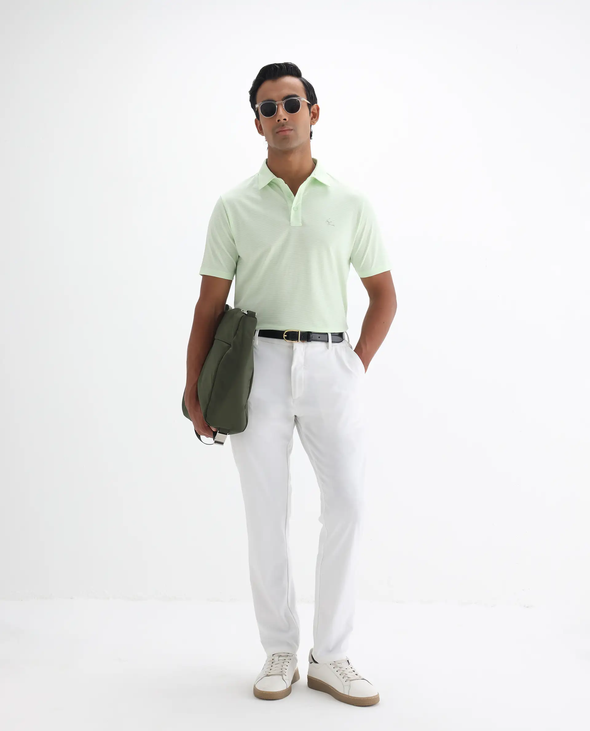Rare Rabbit Men's Tunas Light Green Cotton Striped Print Regular Fit Half Sleeve Polo - Image 2