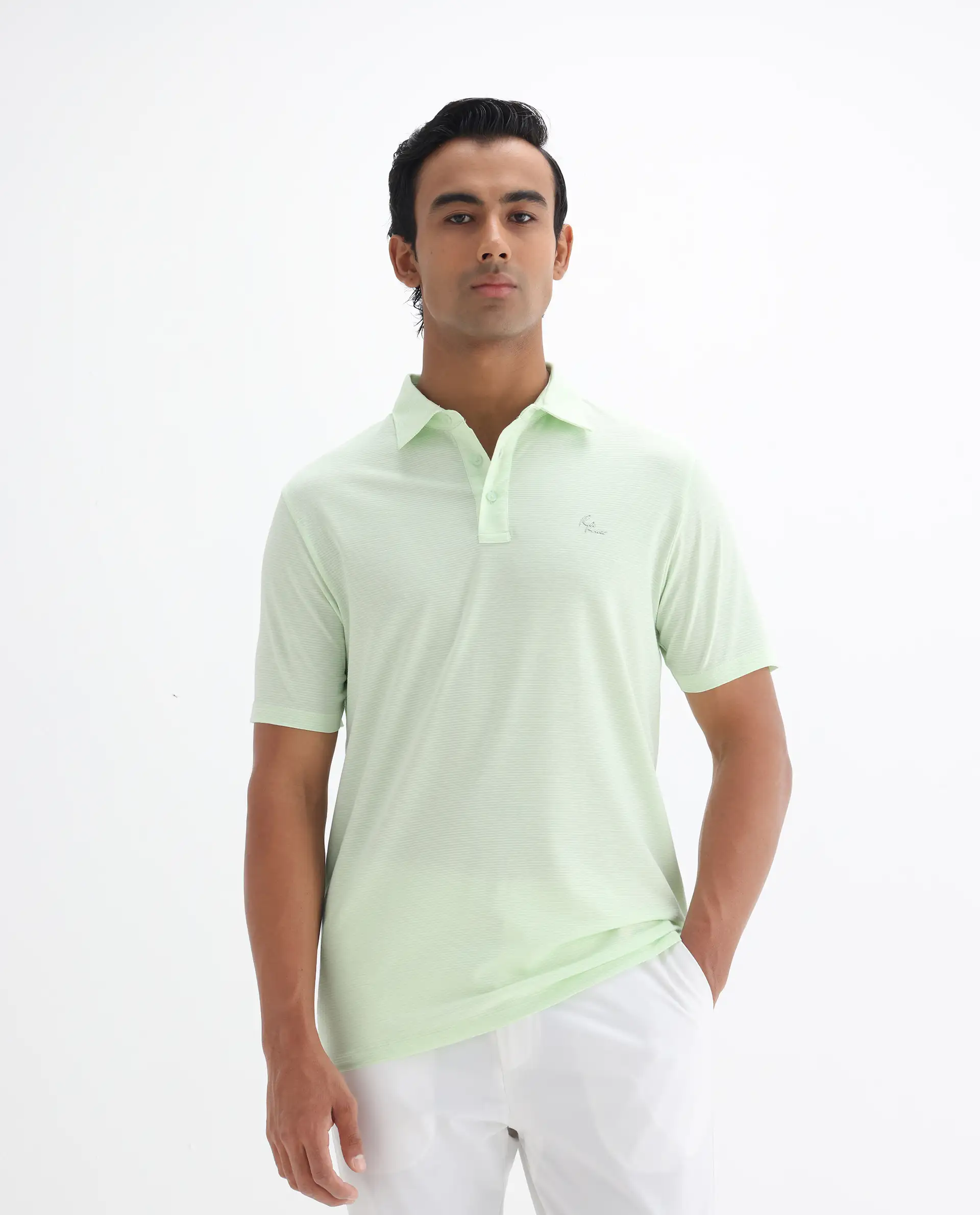 Rare Rabbit Men's Tunas Light Green Cotton Striped Print Regular Fit Half Sleeve Polo - Image 3