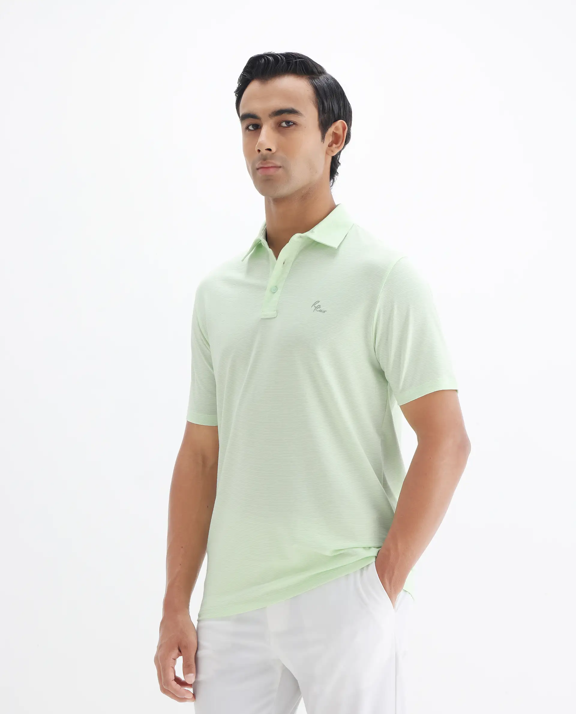 Rare Rabbit Men's Tunas Light Green Cotton Striped Print Regular Fit Half Sleeve Polo - Image 4