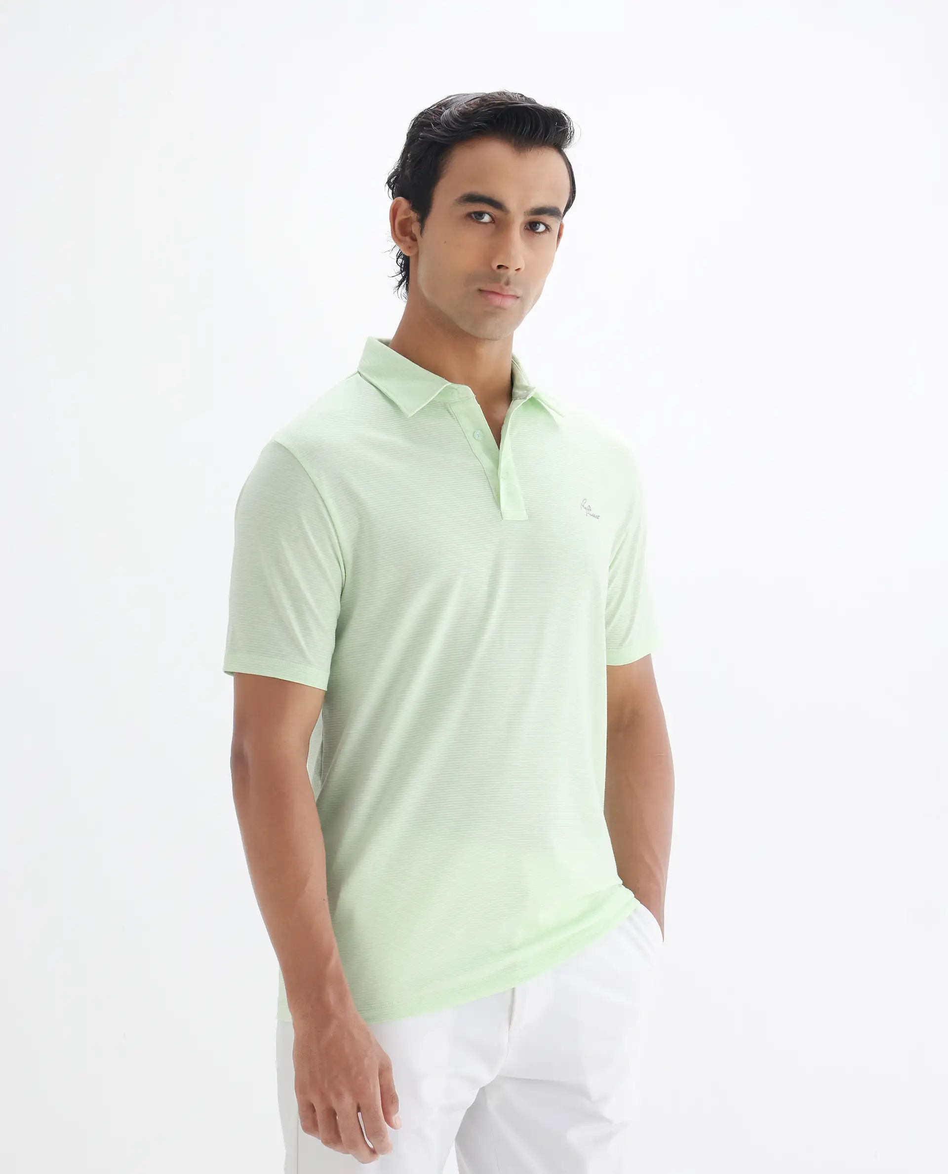 Rare Rabbit Men's Tunas Light Green Cotton Striped Print Regular Fit Half Sleeve Polo - Image 5