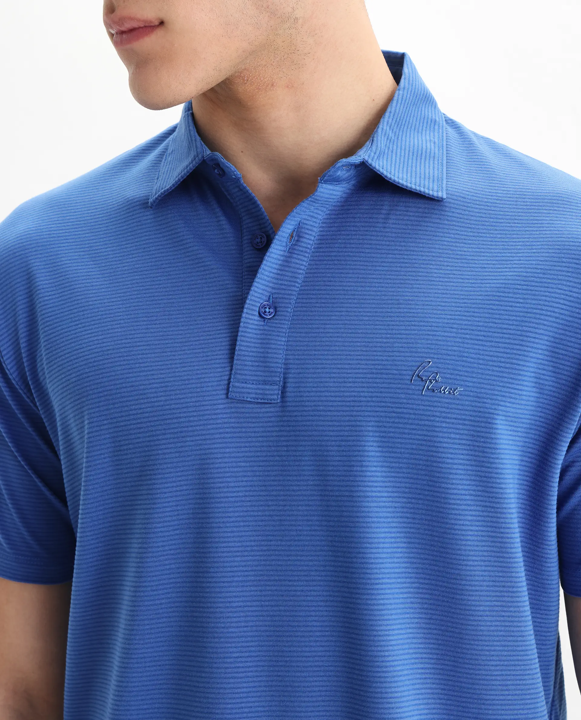 Rare Rabbit Men's Tunas Blue Cotton Striped Print Regular Fit Half Sleeve Polo - Image 3