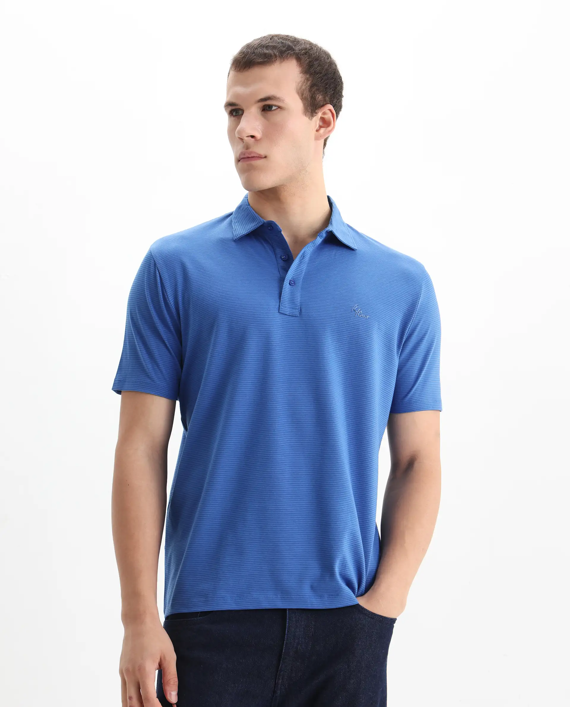 Rare Rabbit Men's Tunas Blue Cotton Striped Print Regular Fit Half Sleeve Polo - Image 4