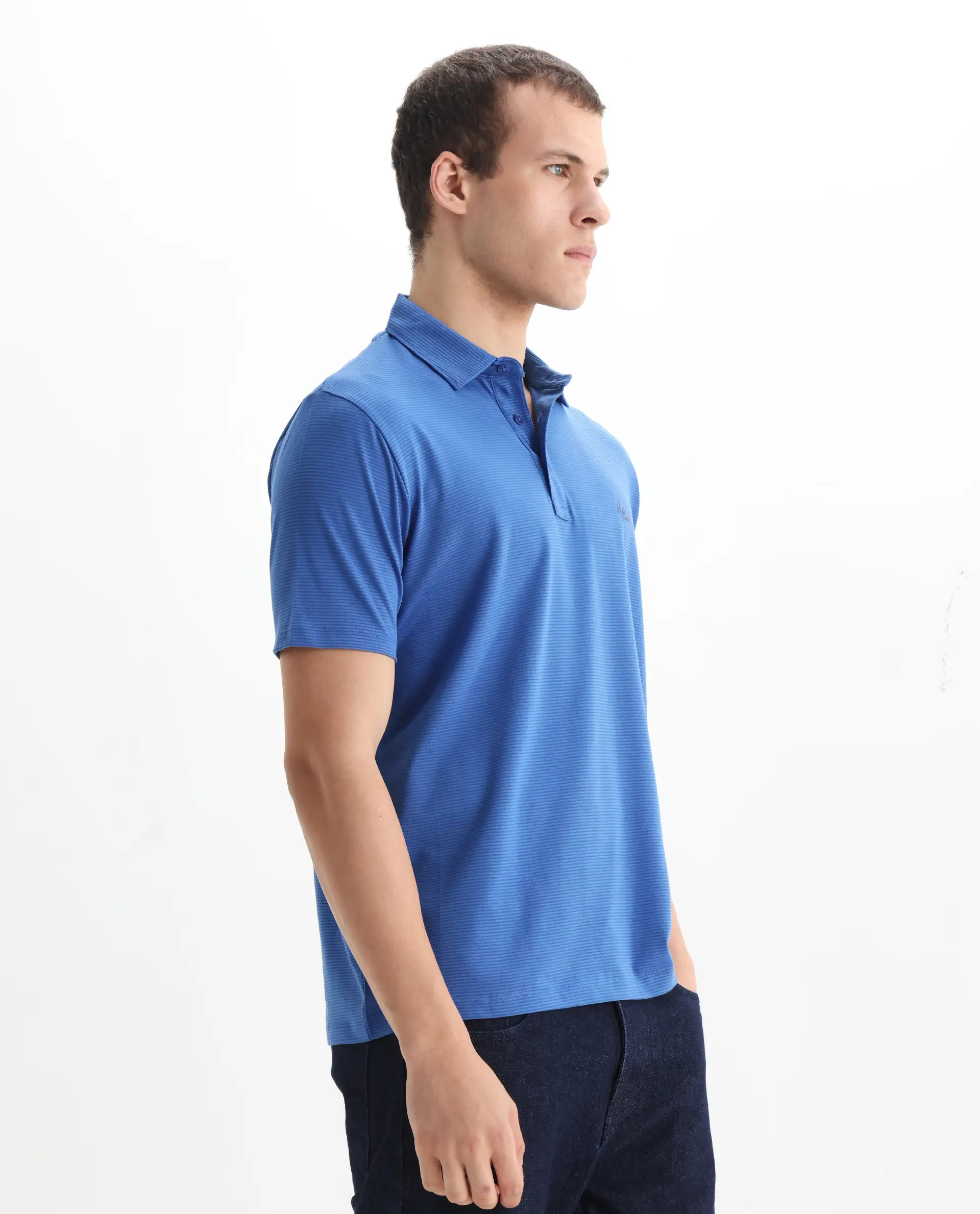 Rare Rabbit Men's Tunas Blue Cotton Striped Print Regular Fit Half Sleeve Polo - Image 5
