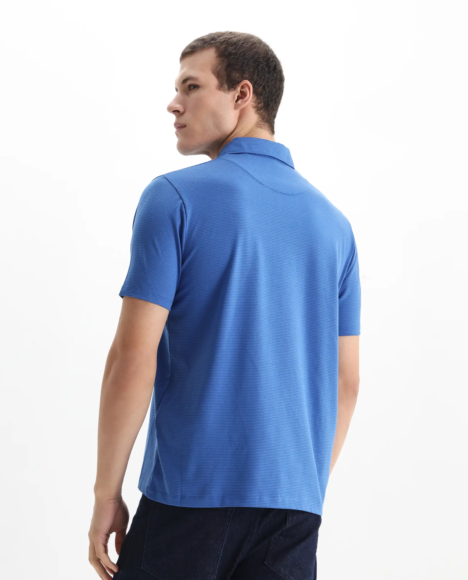 Rare Rabbit Men's Tunas Blue Cotton Striped Print Regular Fit Half Sleeve Polo - Image 6