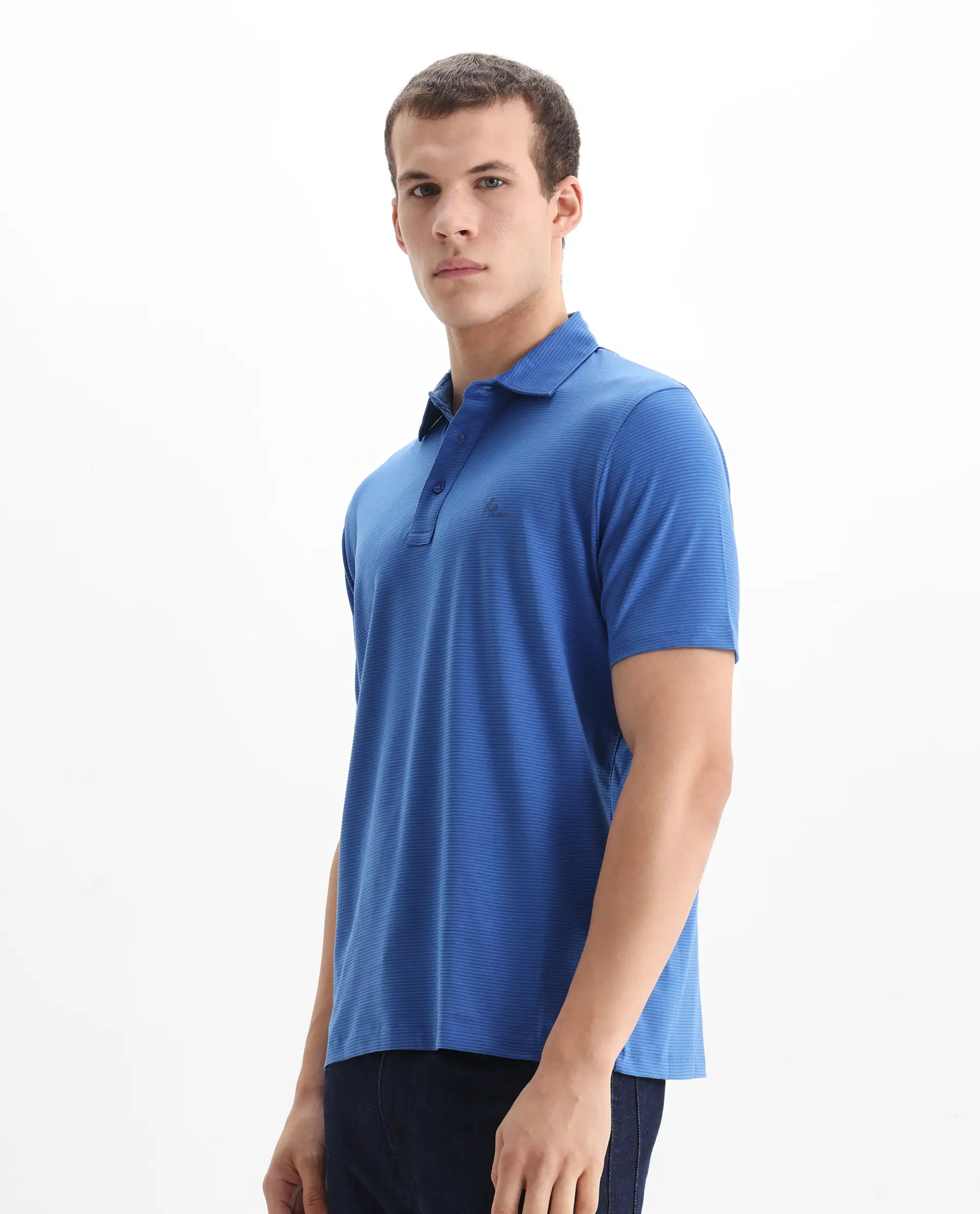 Rare Rabbit Men's Tunas Blue Cotton Striped Print Regular Fit Half Sleeve Polo - Image 7