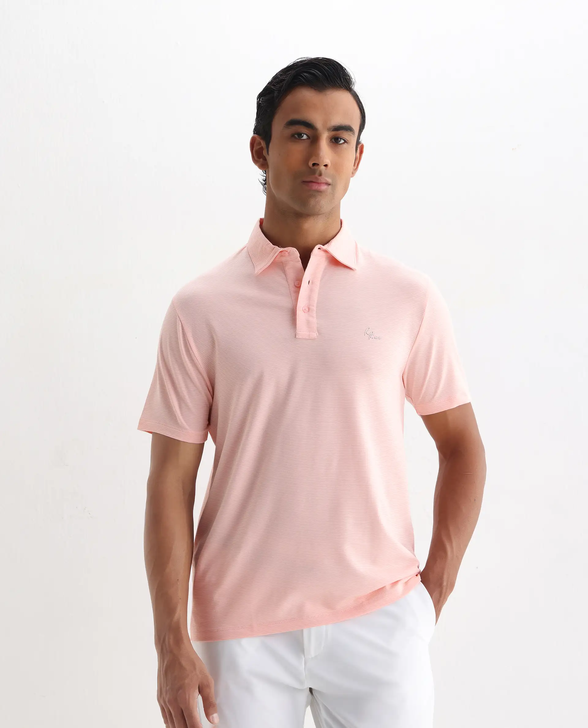 Rare Rabbit Men's Tunas Light Pink Cotton Striped Print Regular Fit Half Sleeve Polo - Image 4