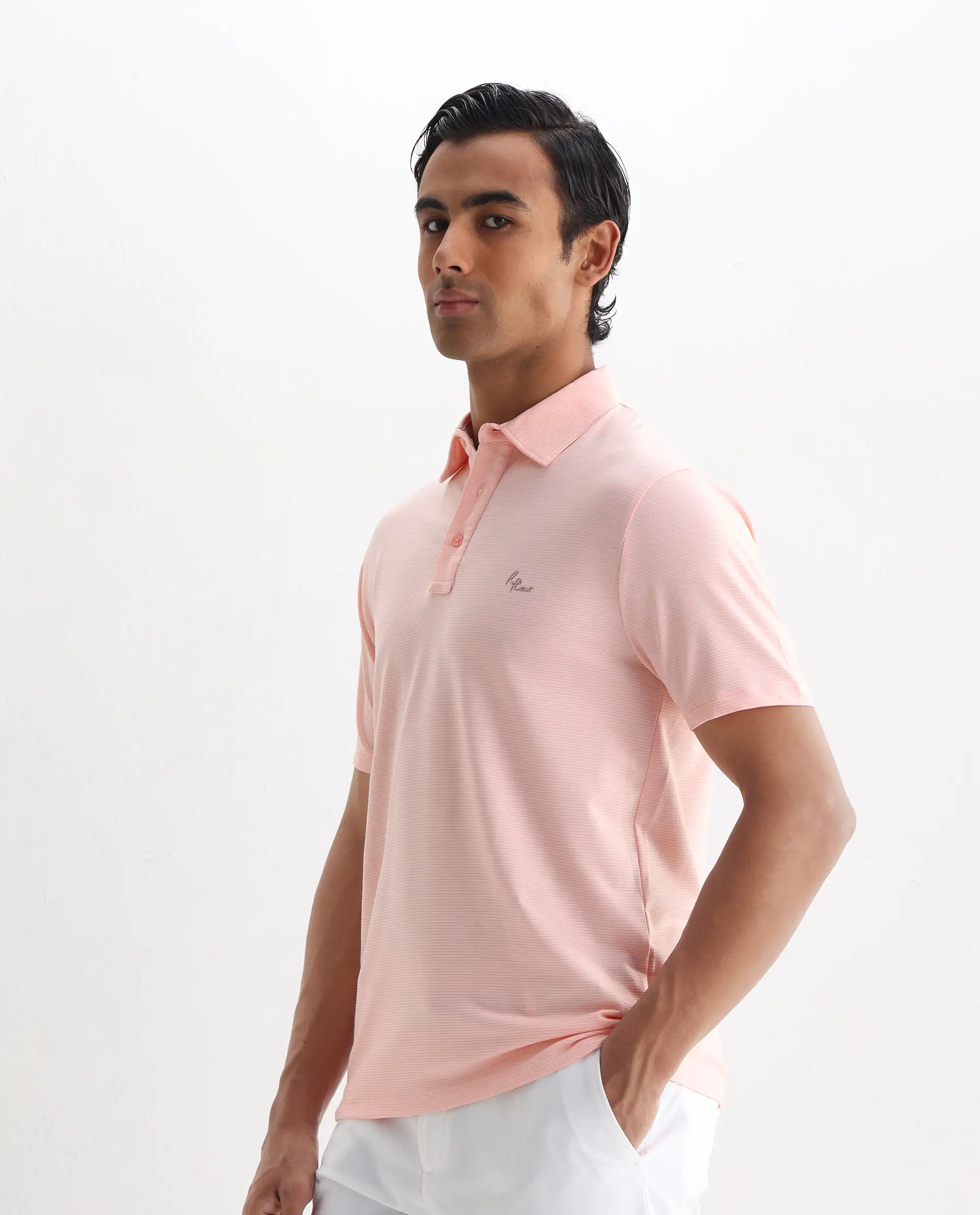 Rare Rabbit Men's Tunas Light Pink Cotton Striped Print Regular Fit Half Sleeve Polo - Image 5