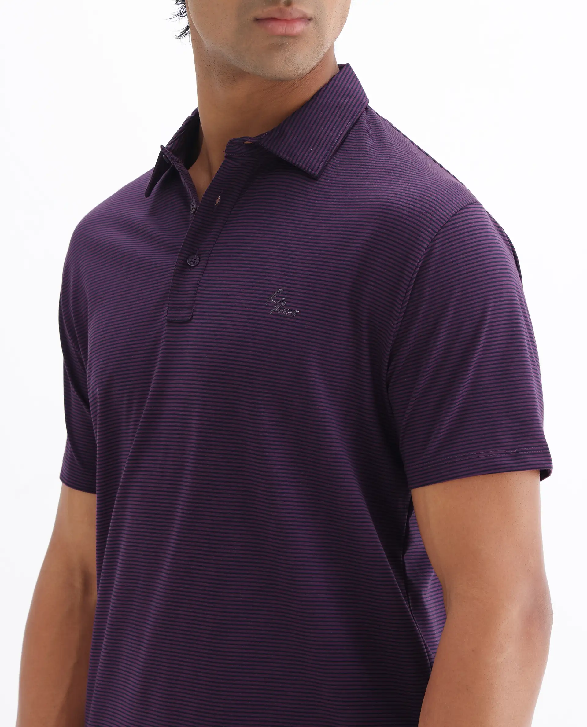 Rare Rabbit Men's Tunas Dark Purple Cotton Striped Print Regular Fit Half Sleeve Polo - Image 3