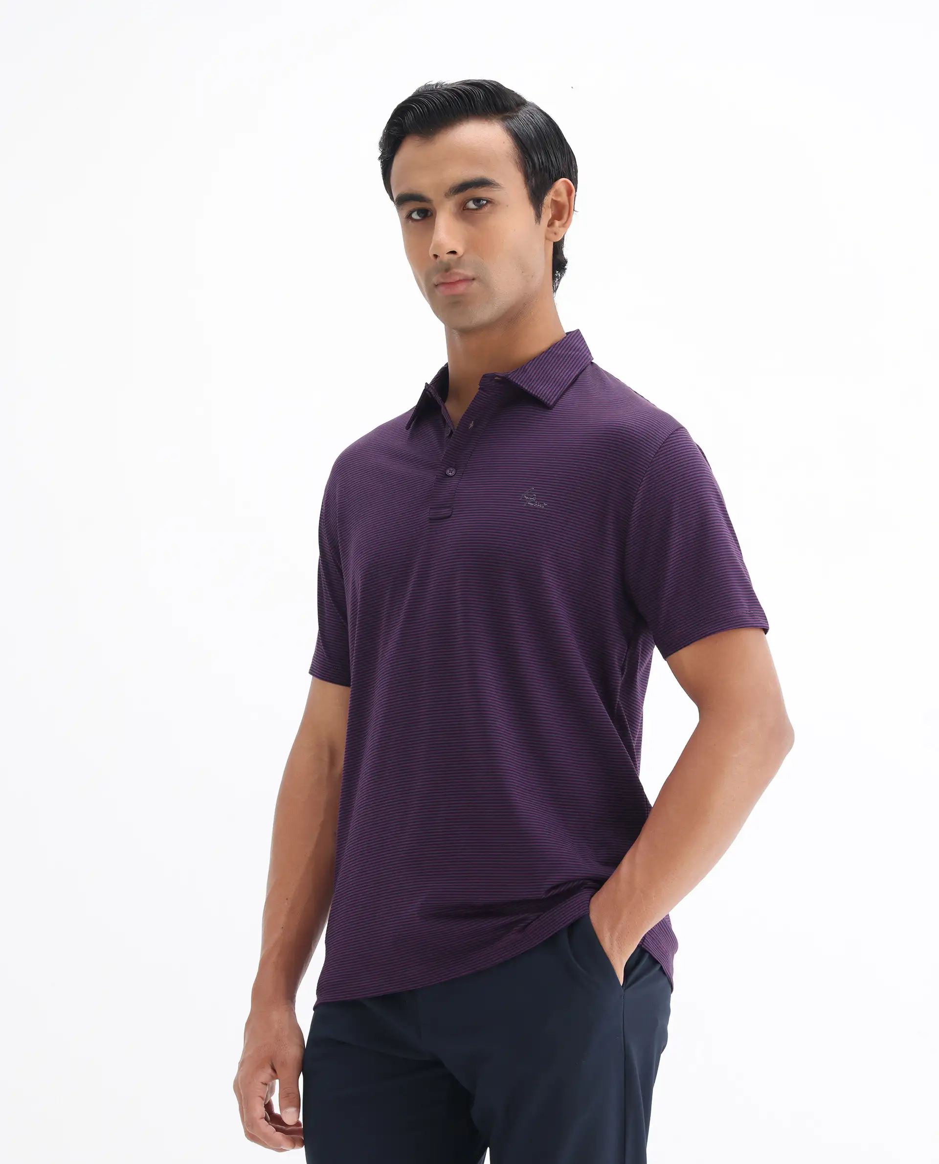 Rare Rabbit Men's Tunas Dark Purple Cotton Striped Print Regular Fit Half Sleeve Polo - Image 4