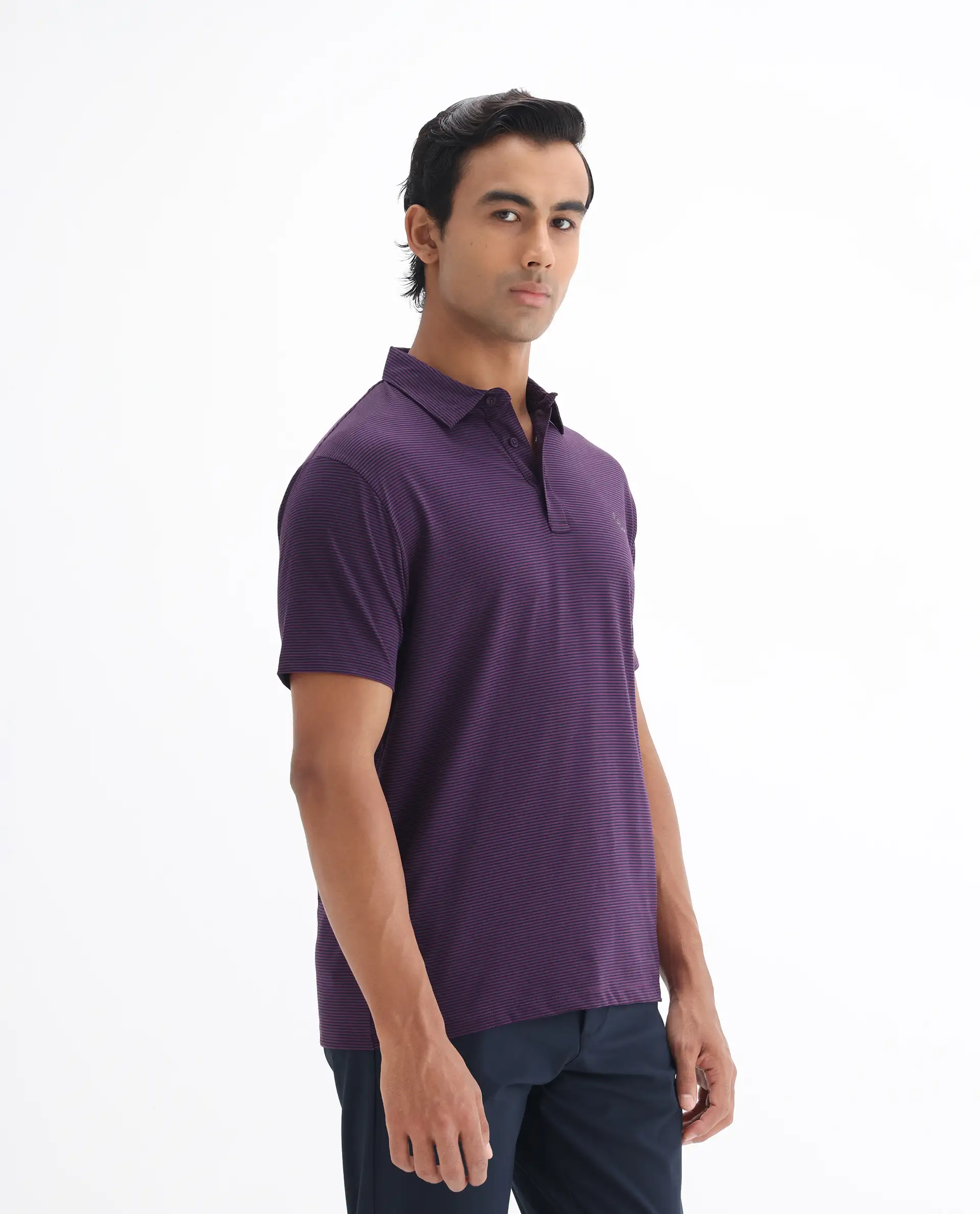 Rare Rabbit Men's Tunas Dark Purple Cotton Striped Print Regular Fit Half Sleeve Polo - Image 5