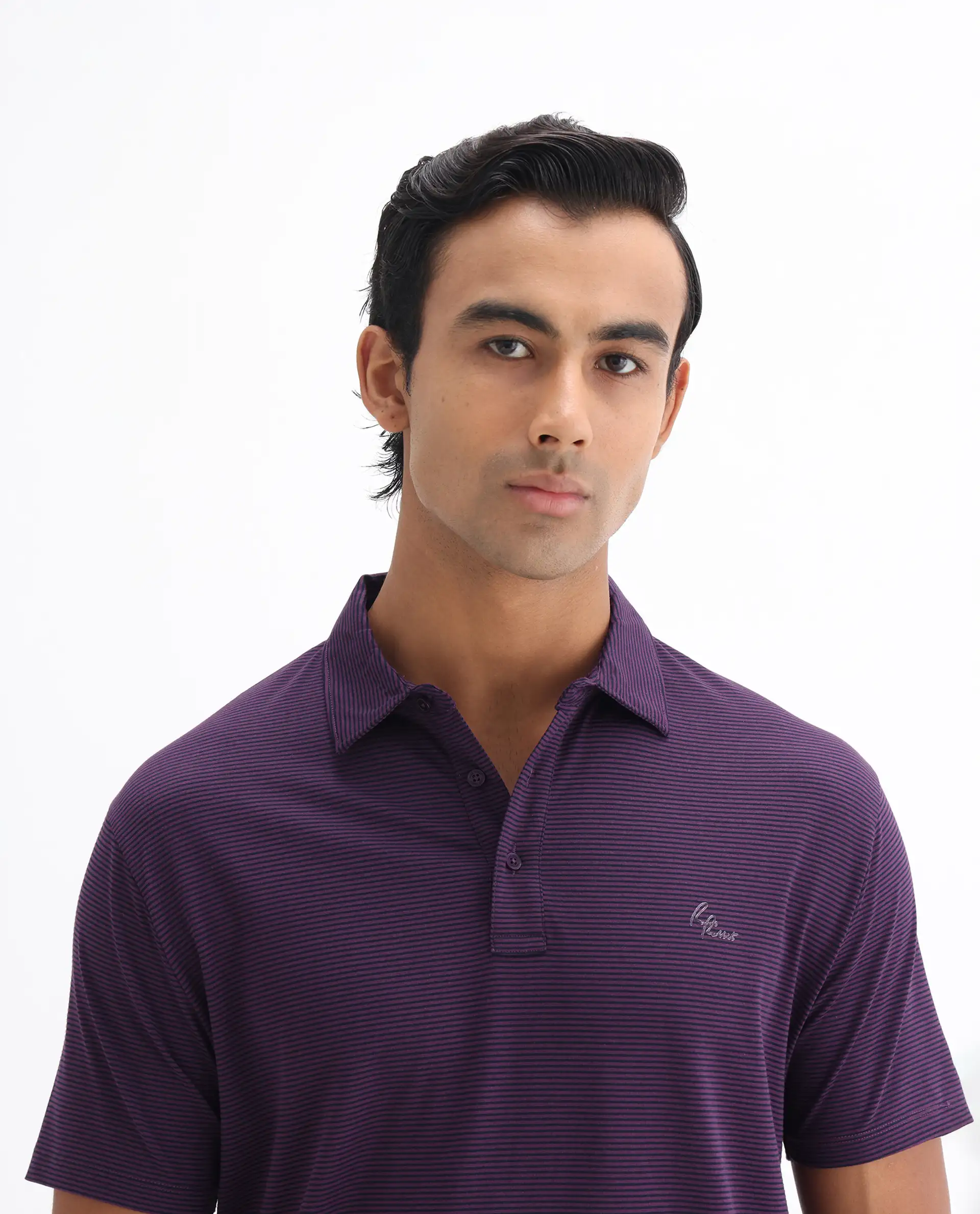 Rare Rabbit Men's Tunas Dark Purple Cotton Striped Print Regular Fit Half Sleeve Polo - Image 7