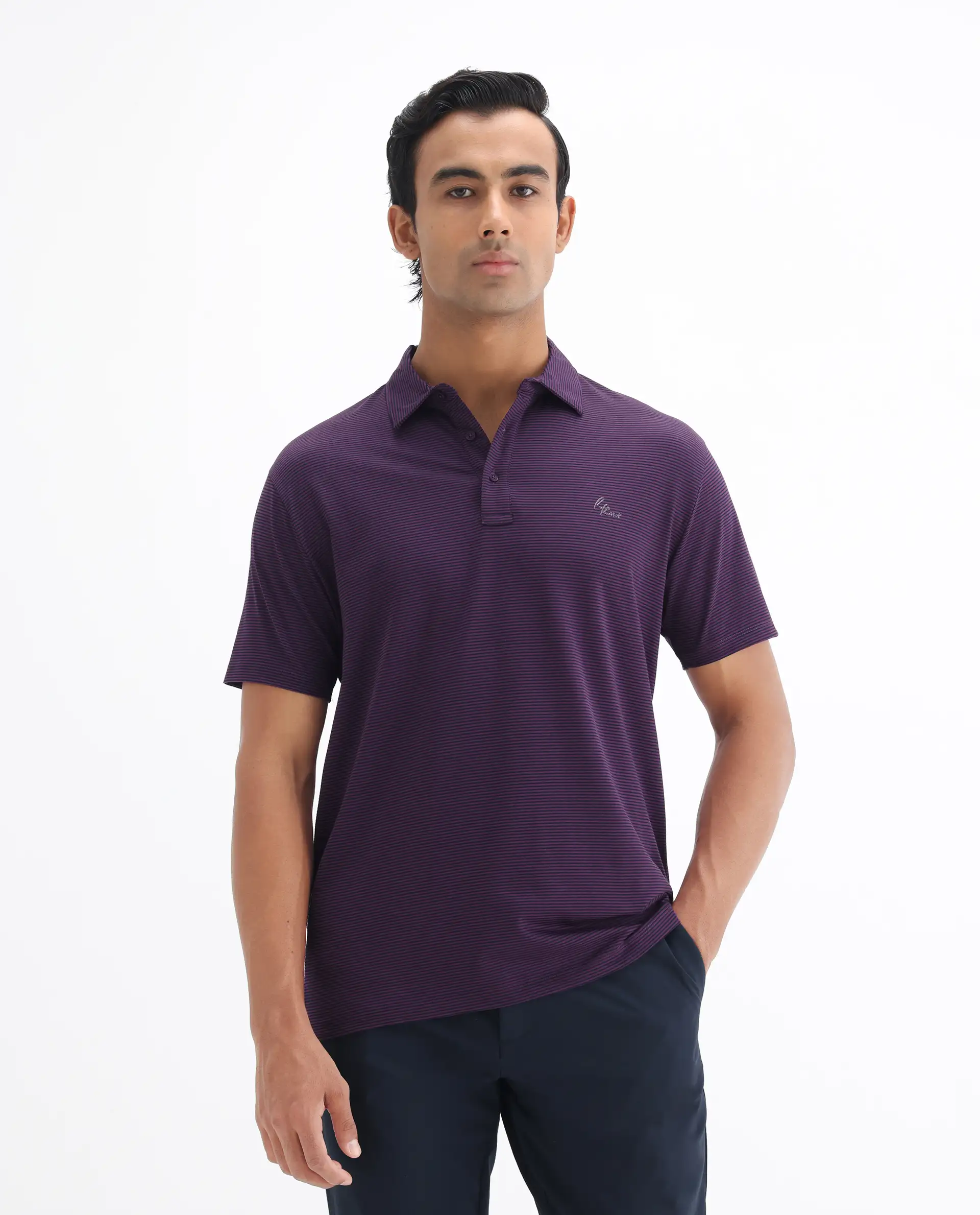 Rare Rabbit Men's Tunas Dark Purple Cotton Striped Print Regular Fit Half Sleeve Polo - Image 8