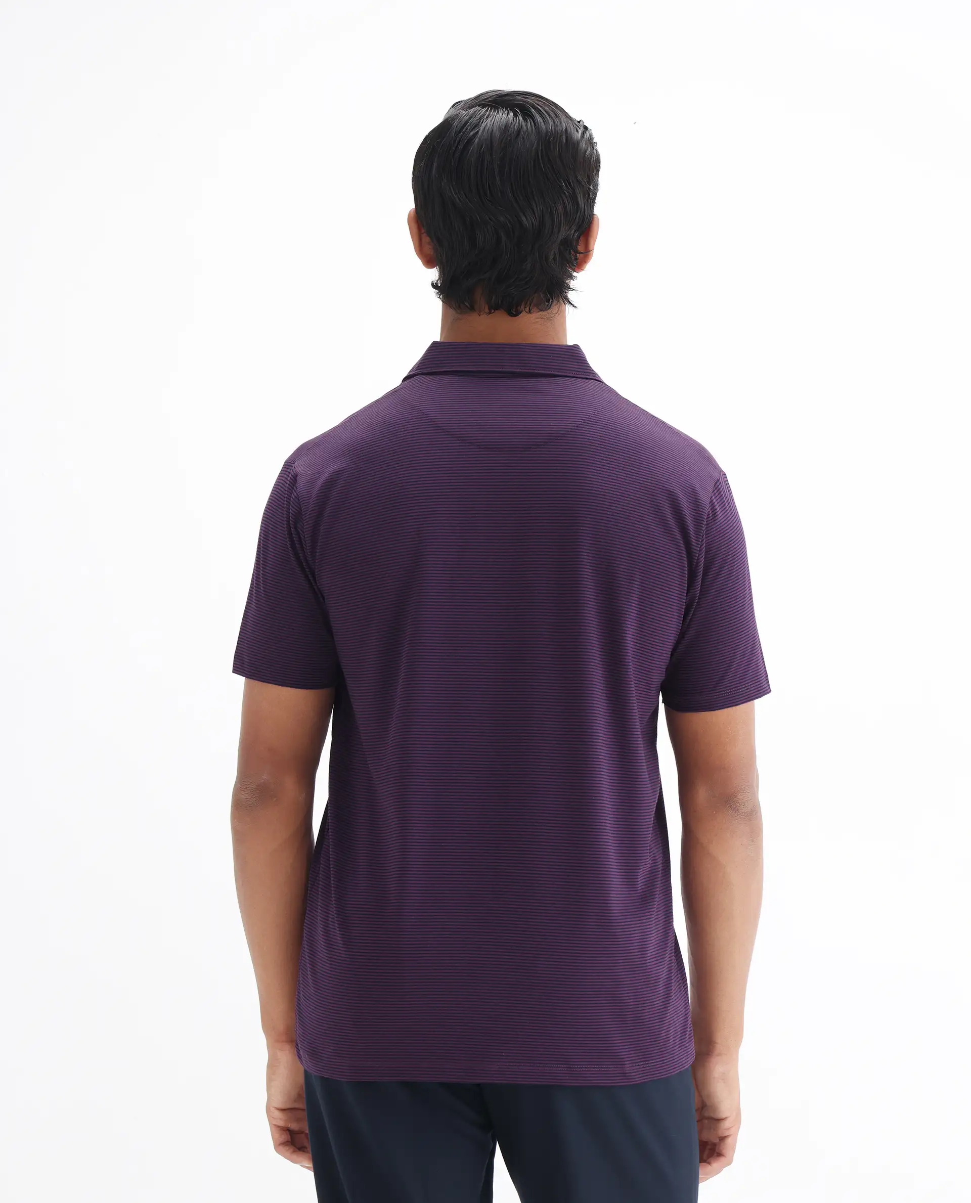 Rare Rabbit Men's Tunas Dark Purple Cotton Striped Print Regular Fit Half Sleeve Polo - Image 9