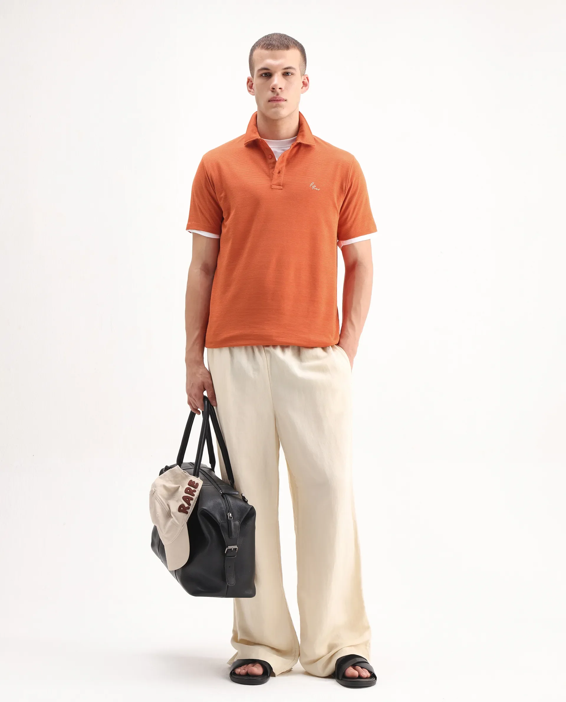 Rare Rabbit Men's Tunas Dark Rust Cotton Striped Print Regular Fit Half Sleeve Polo - Image 2