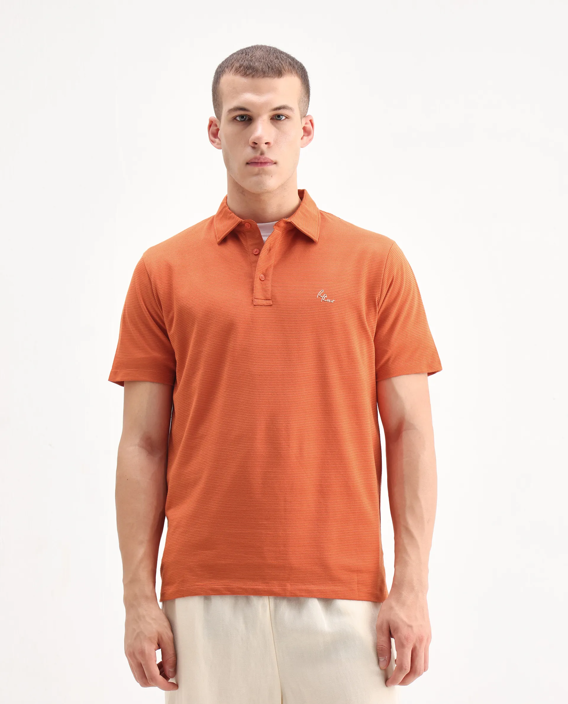 Rare Rabbit Men's Tunas Dark Rust Cotton Striped Print Regular Fit Half Sleeve Polo - Image 3