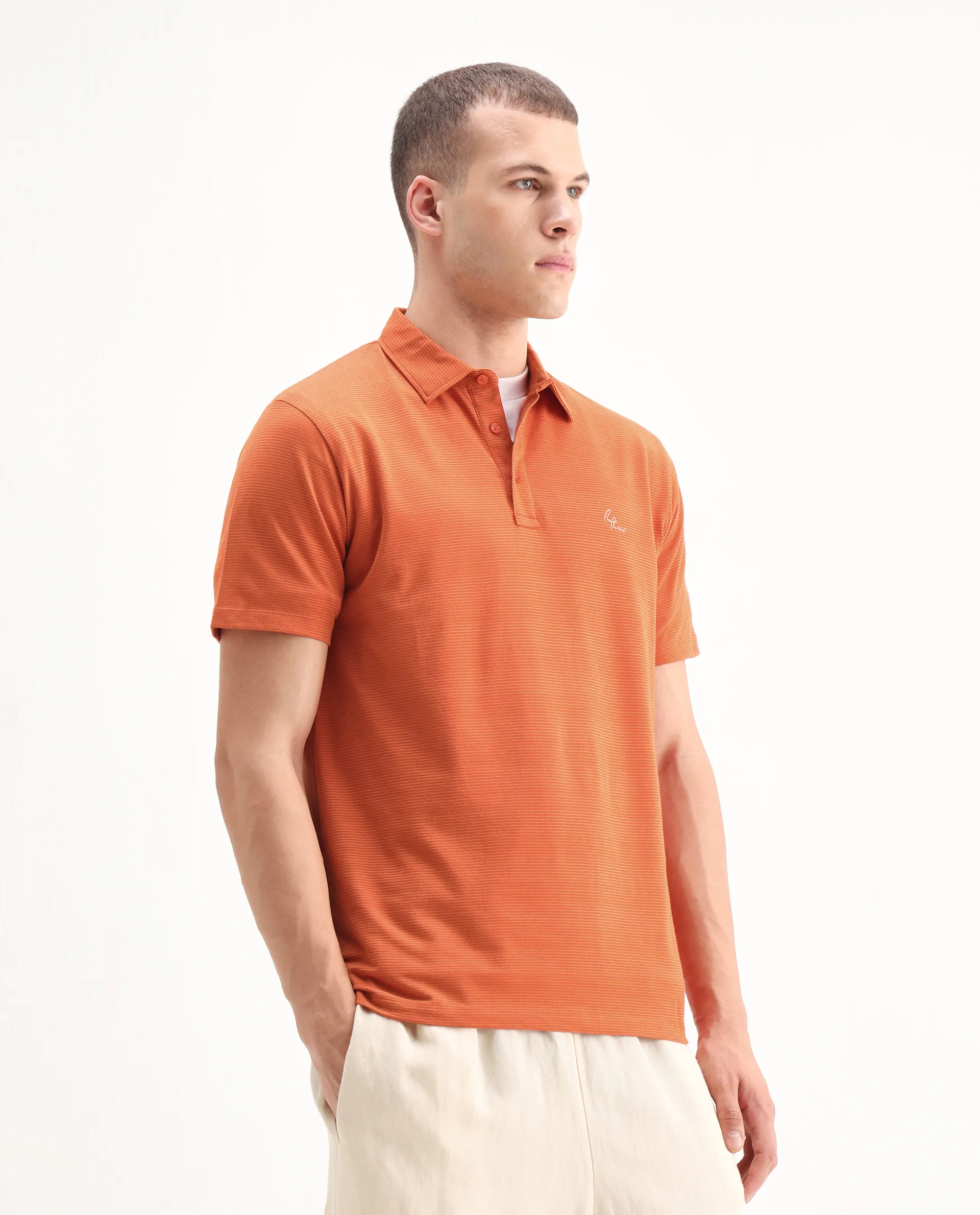 Rare Rabbit Men's Tunas Dark Rust Cotton Striped Print Regular Fit Half Sleeve Polo - Image 5