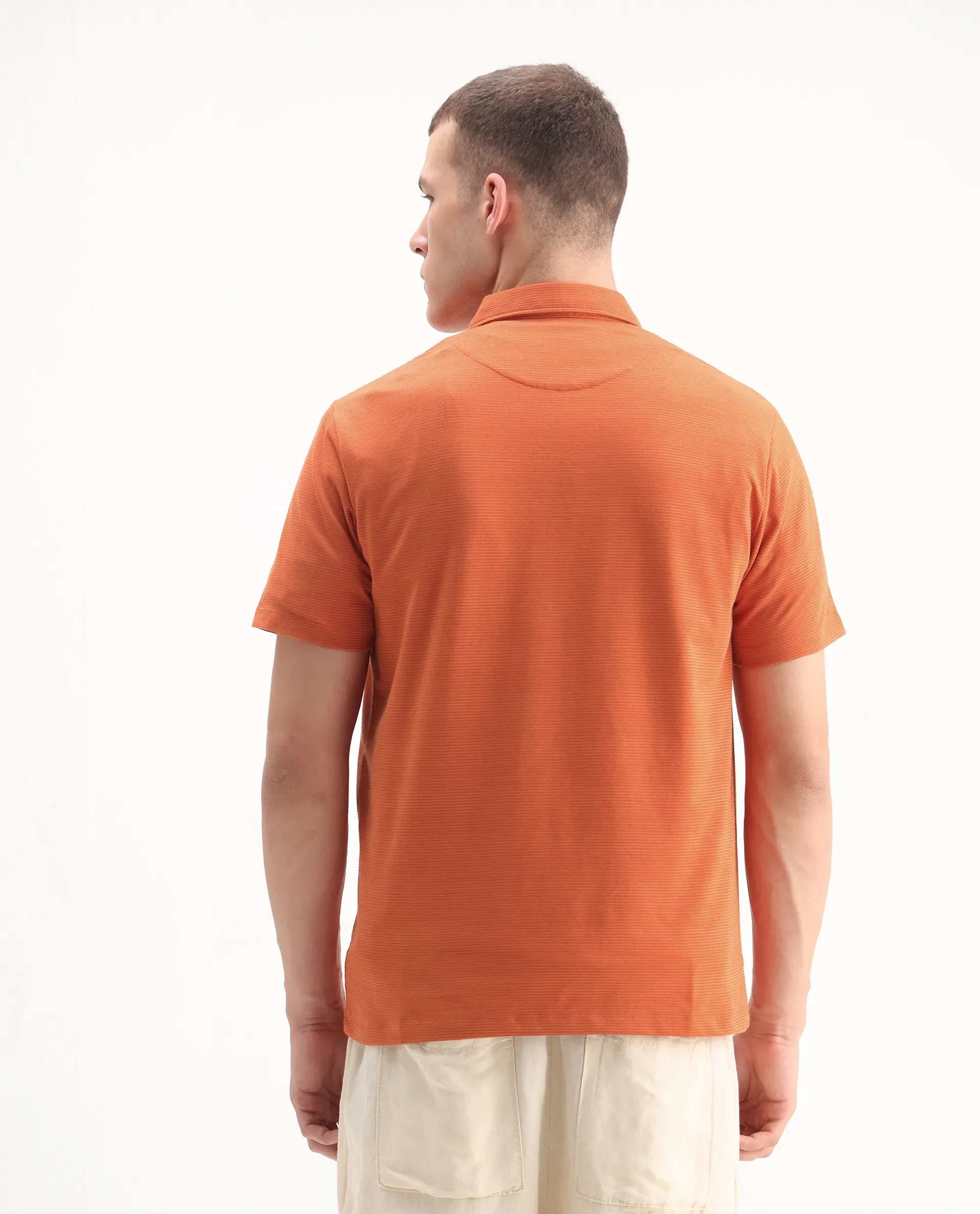Rare Rabbit Men's Tunas Dark Rust Cotton Striped Print Regular Fit Half Sleeve Polo - Image 6