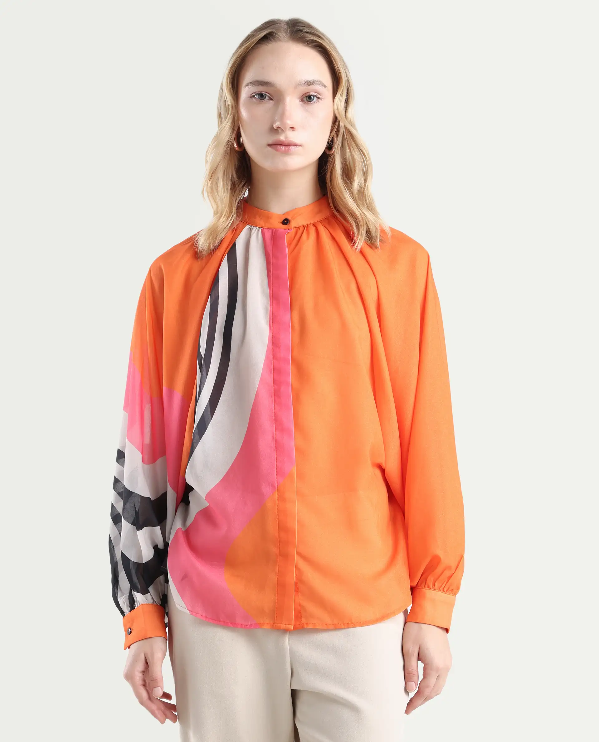 Rareism Women's Tundra Orange Polyester High Neck Abstract Print Balloon Sleeve Regular Fit Top - Image 3