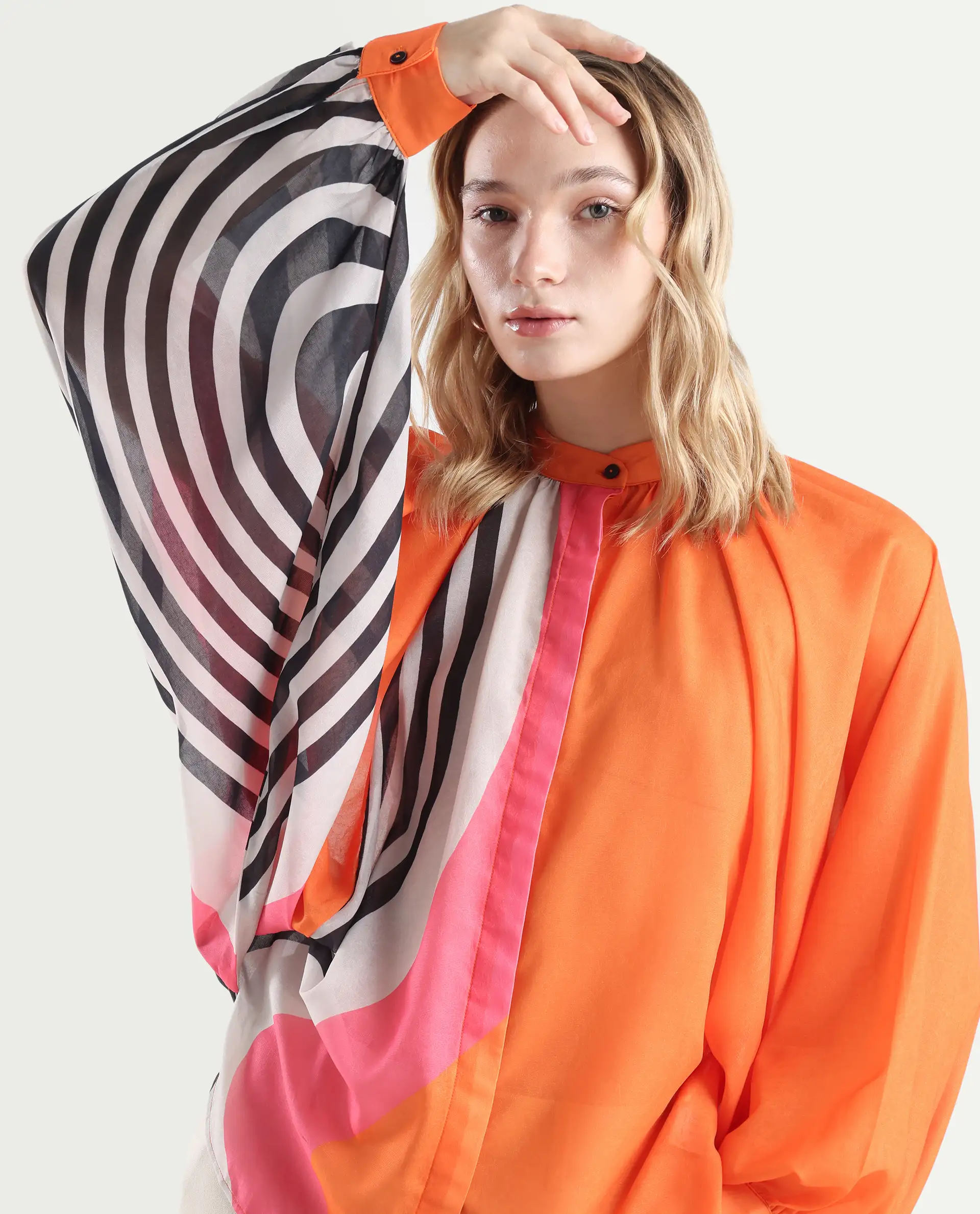 Rareism Women's Tundra Orange Polyester High Neck Abstract Print Balloon Sleeve Regular Fit Top - Image 4