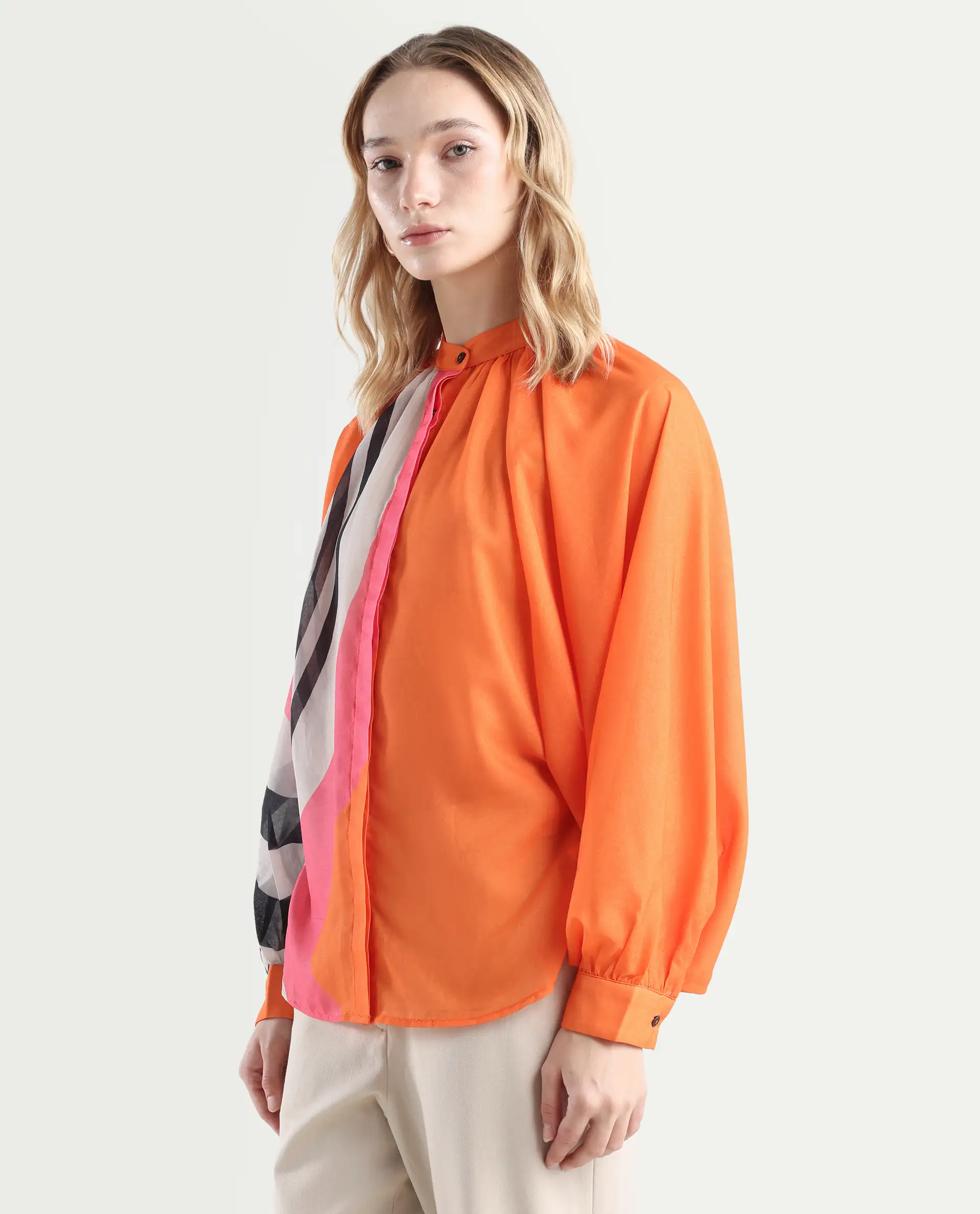 Rareism Women's Tundra Orange Polyester High Neck Abstract Print Balloon Sleeve Regular Fit Top - Image 5