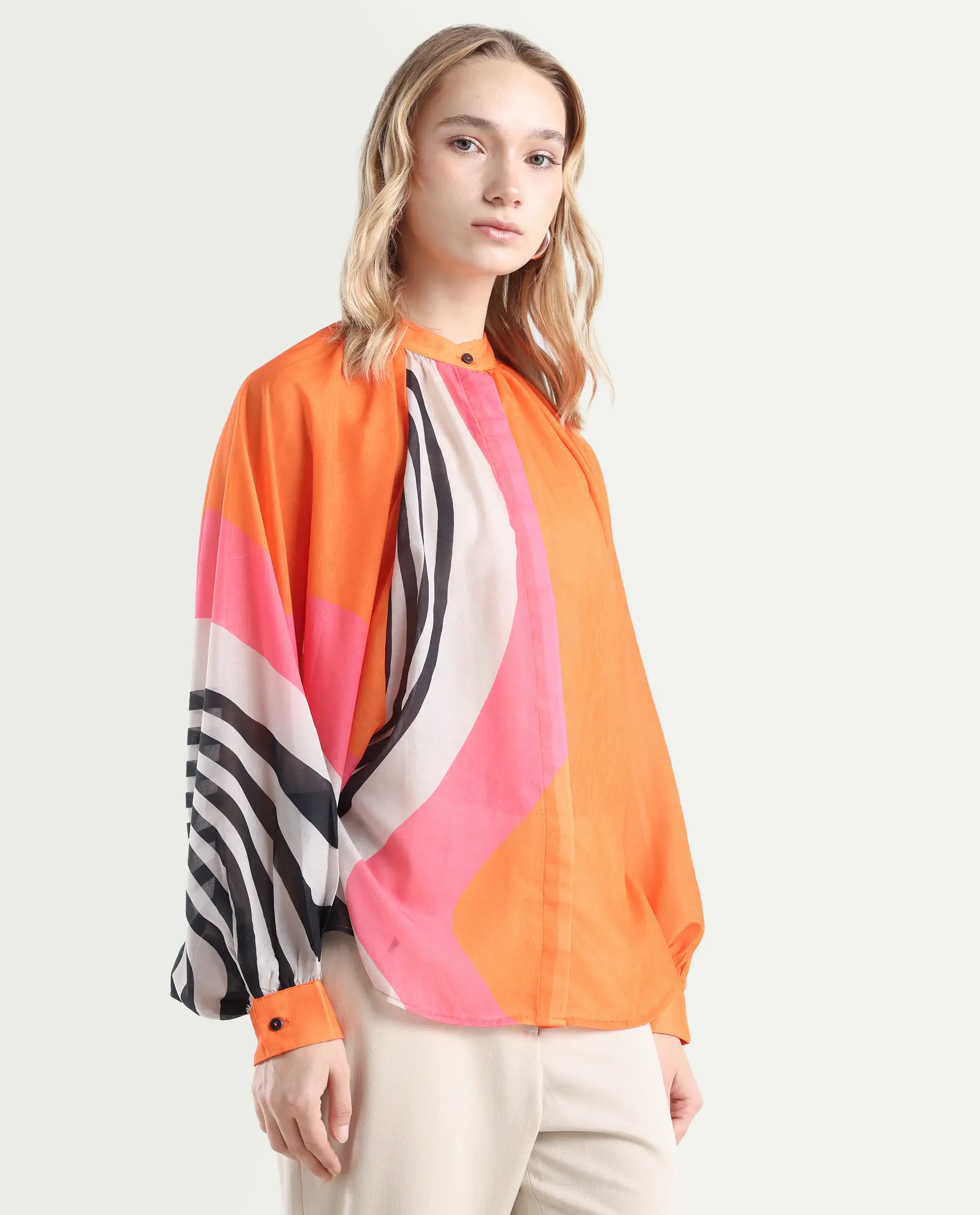 Rareism Women's Tundra Orange Polyester High Neck Abstract Print Balloon Sleeve Regular Fit Top - Image 6