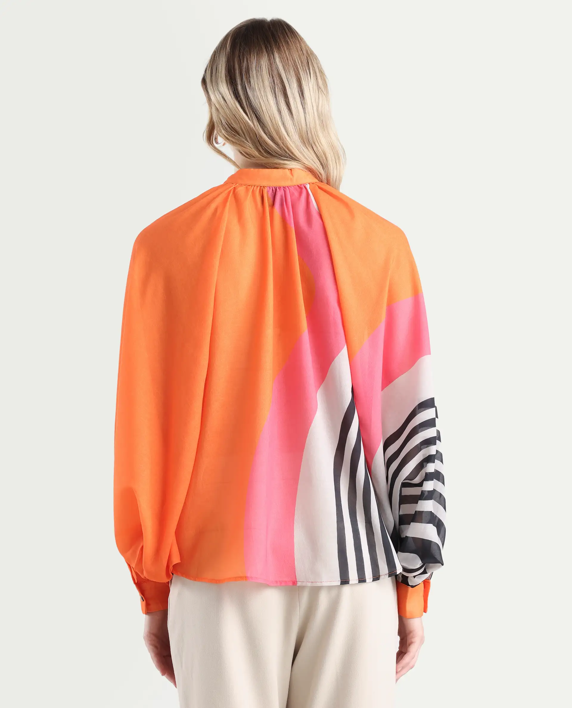 Rareism Women's Tundra Orange Polyester High Neck Abstract Print Balloon Sleeve Regular Fit Top - Image 7