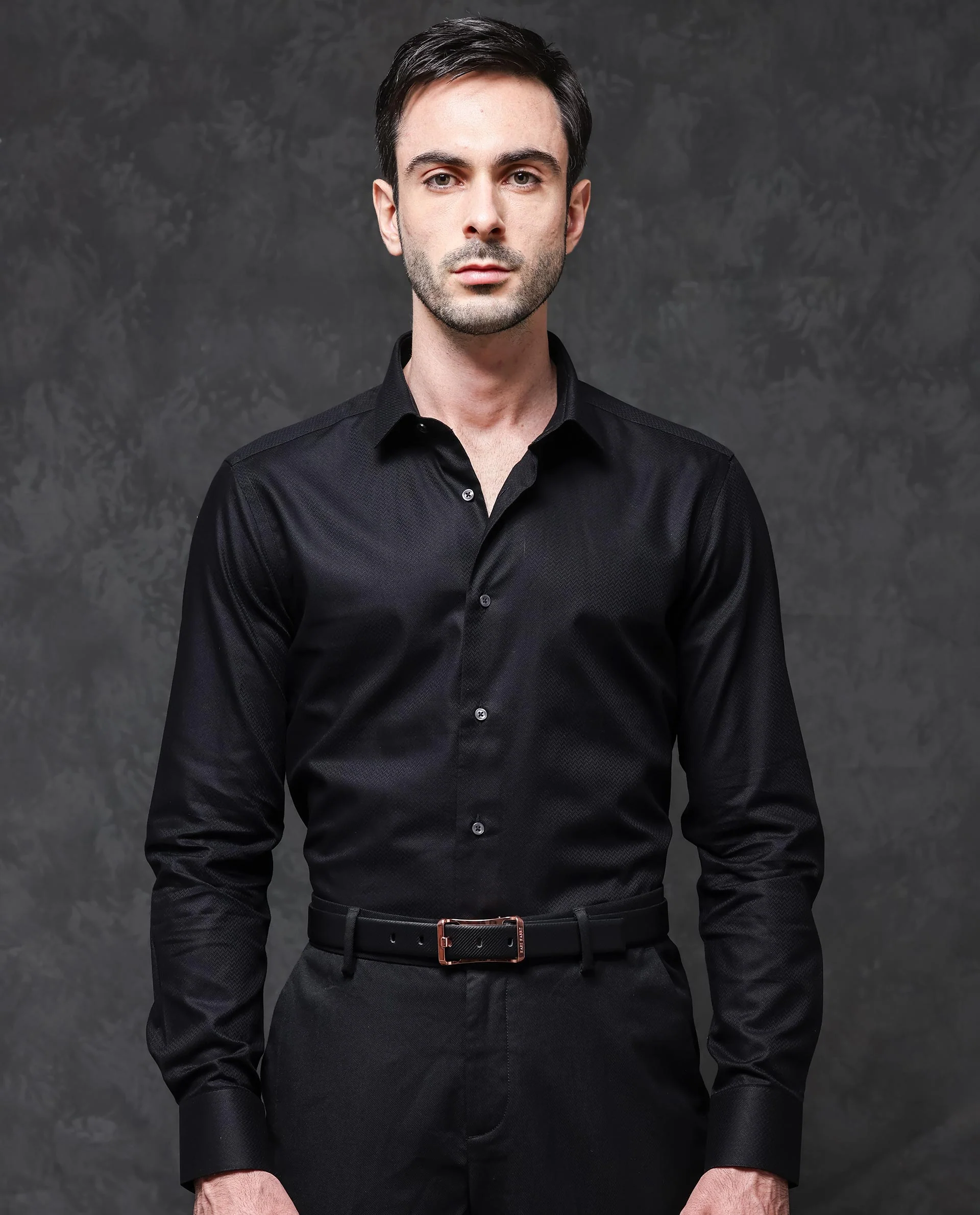 Rare Rabbit Men's Tunel Black Cotton Textured Regular Fit Full Sleeve Collared Shirt - Image 2