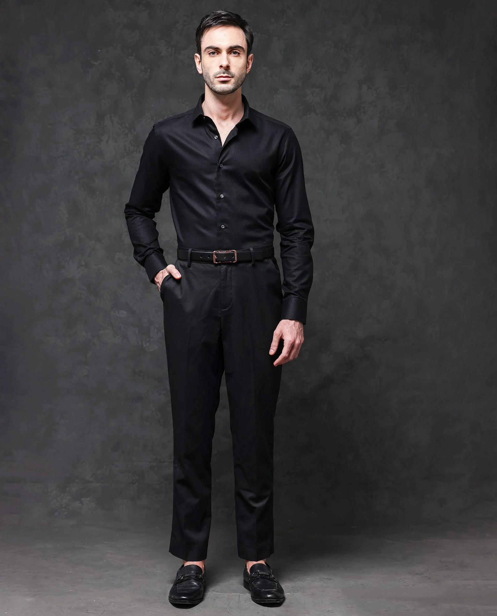 Rare Rabbit Men's Tunel Black Cotton Textured Regular Fit Full Sleeve Collared Shirt - Image 3
