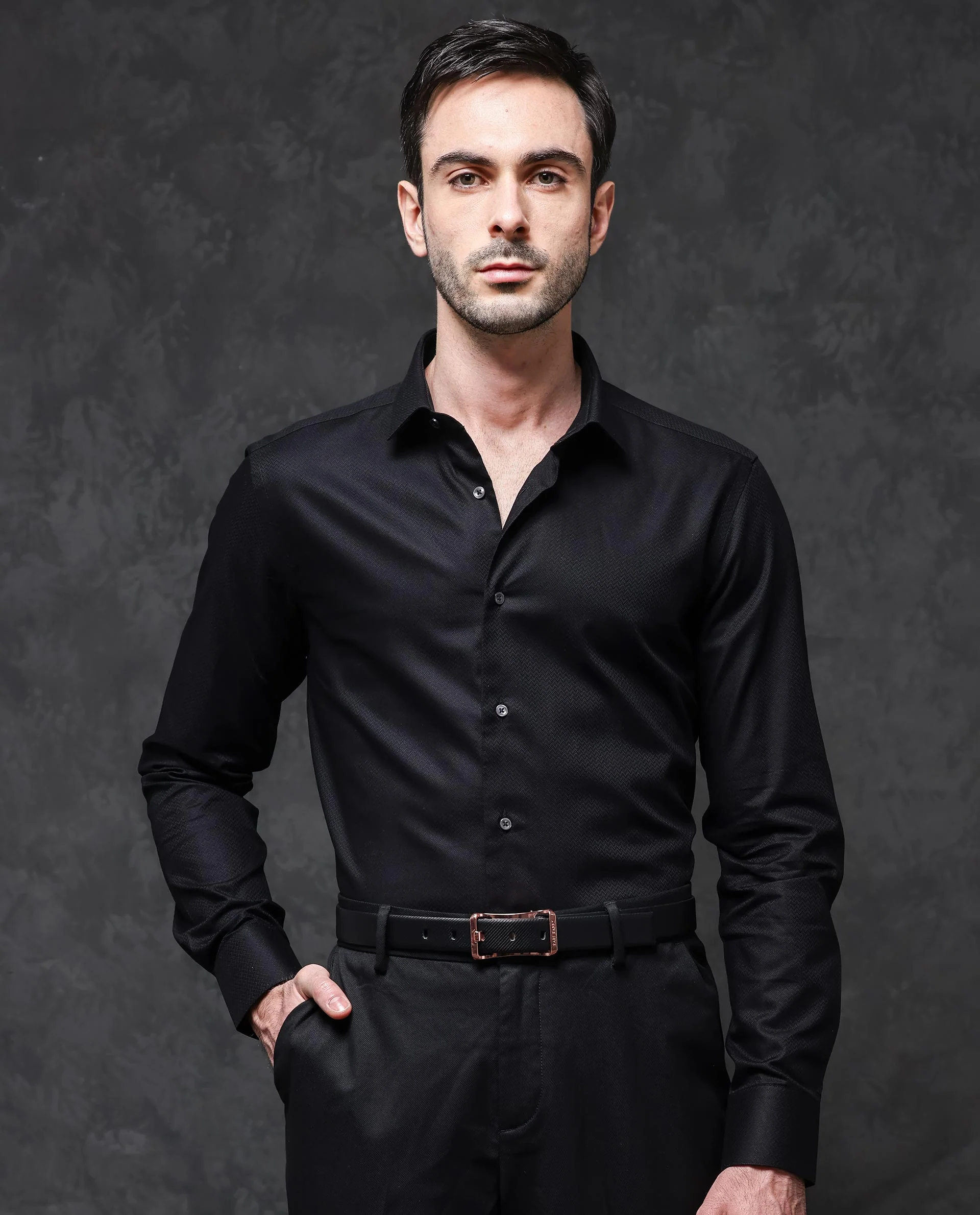 Rare Rabbit Men's Tunel Black Cotton Textured Regular Fit Full Sleeve Collared Shirt - Image 9