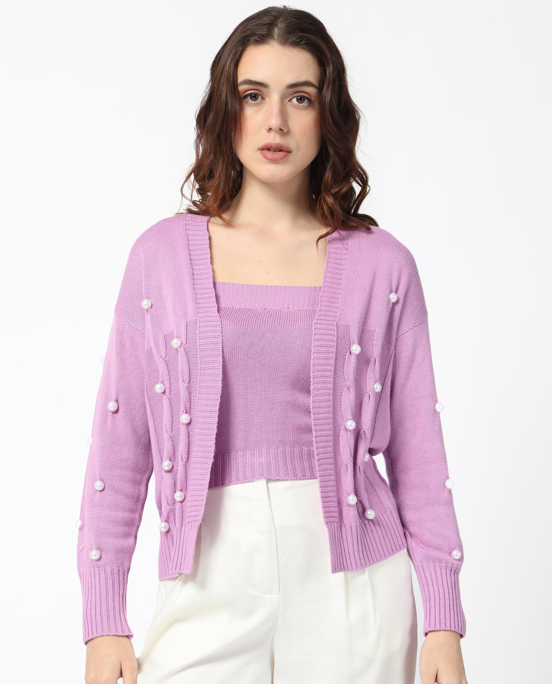 Rareism Women's Tunnel 1 Pastel Purple Viscose Collarless Embellished Balloon Sleeve Regular Fit Sweater