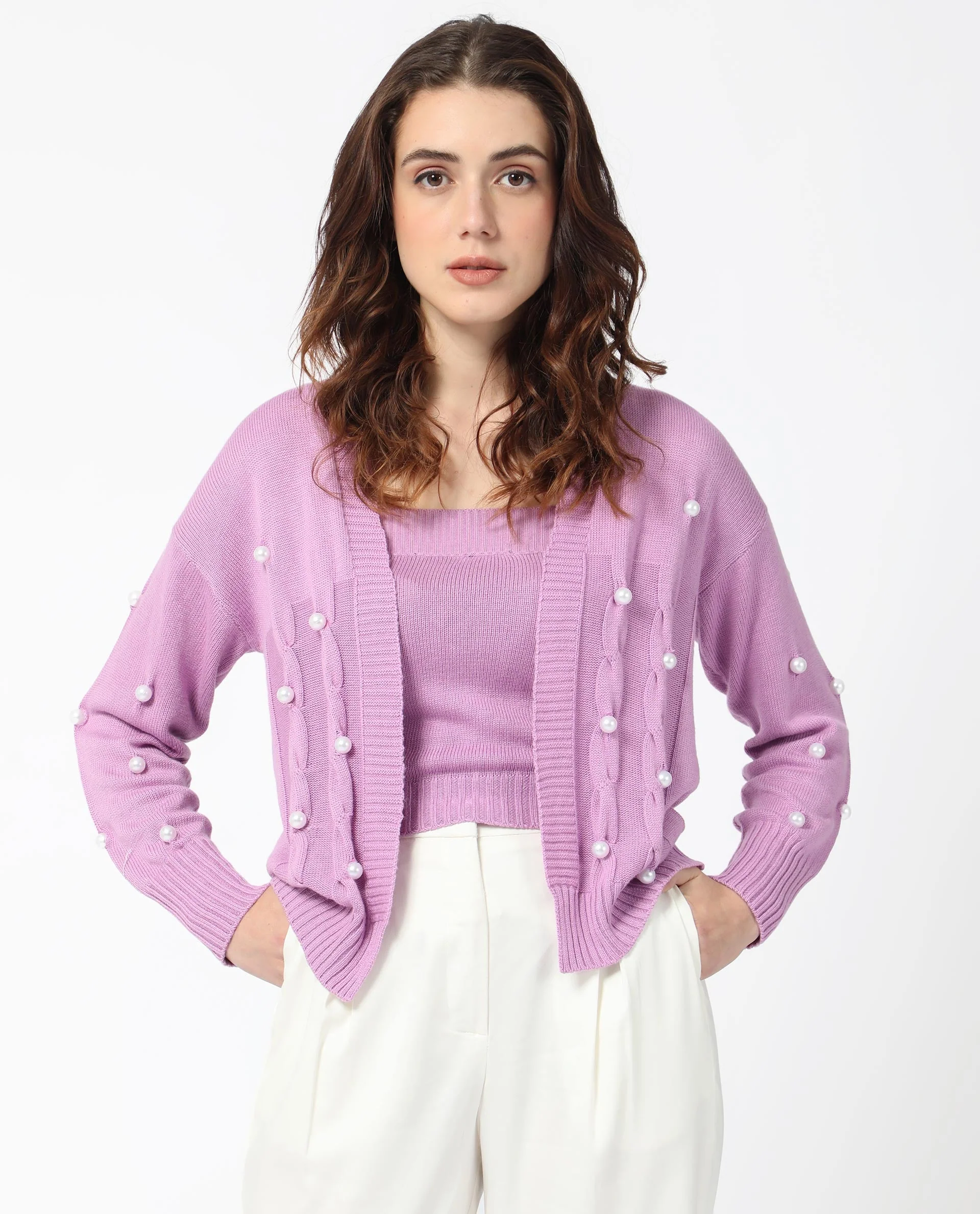 Rareism Women's Tunnel 1 Pastel Purple Viscose Collarless Embellished Balloon Sleeve Regular Fit Sweater - Image 3