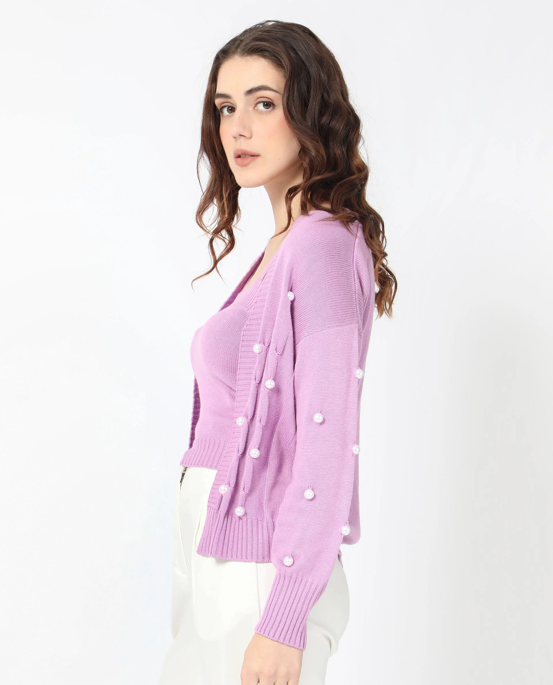 Rareism Women's Tunnel 1 Pastel Purple Viscose Collarless Embellished Balloon Sleeve Regular Fit Sweater - Image 6