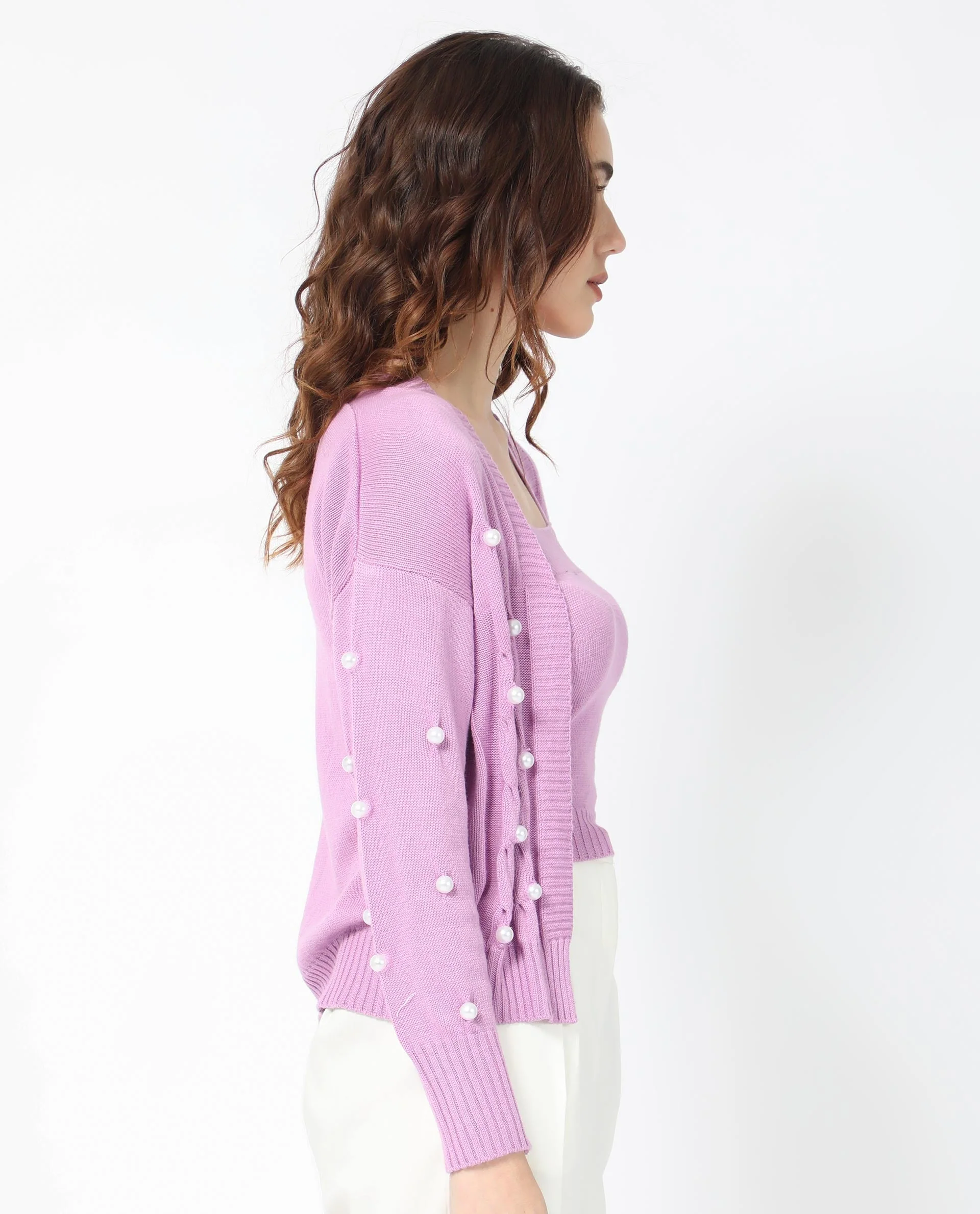 Rareism Women's Tunnel 1 Pastel Purple Viscose Collarless Embellished Balloon Sleeve Regular Fit Sweater - Image 8